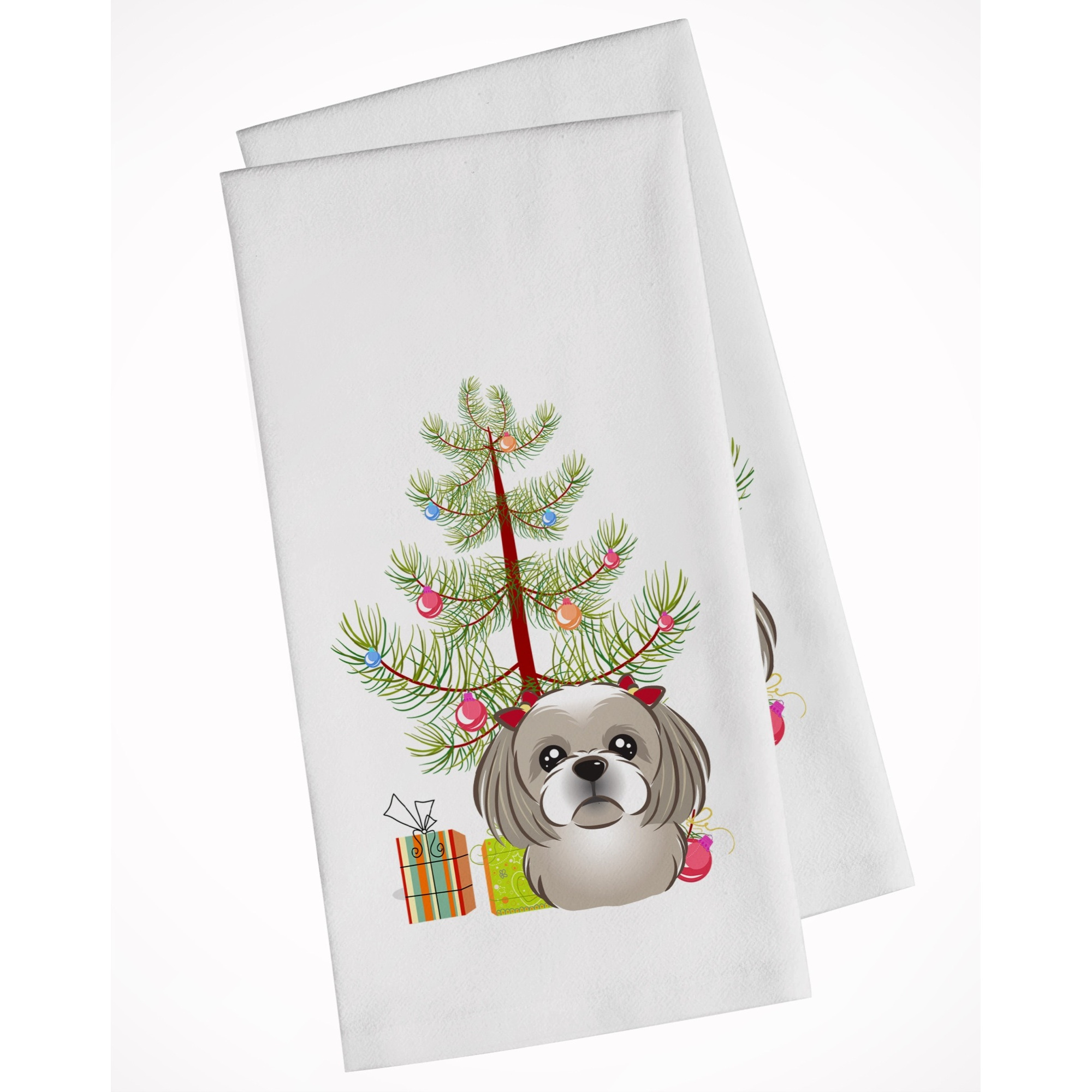 Christmas Tree and Gray Silver Shih Tzu White Kitchen Towel Set of 2