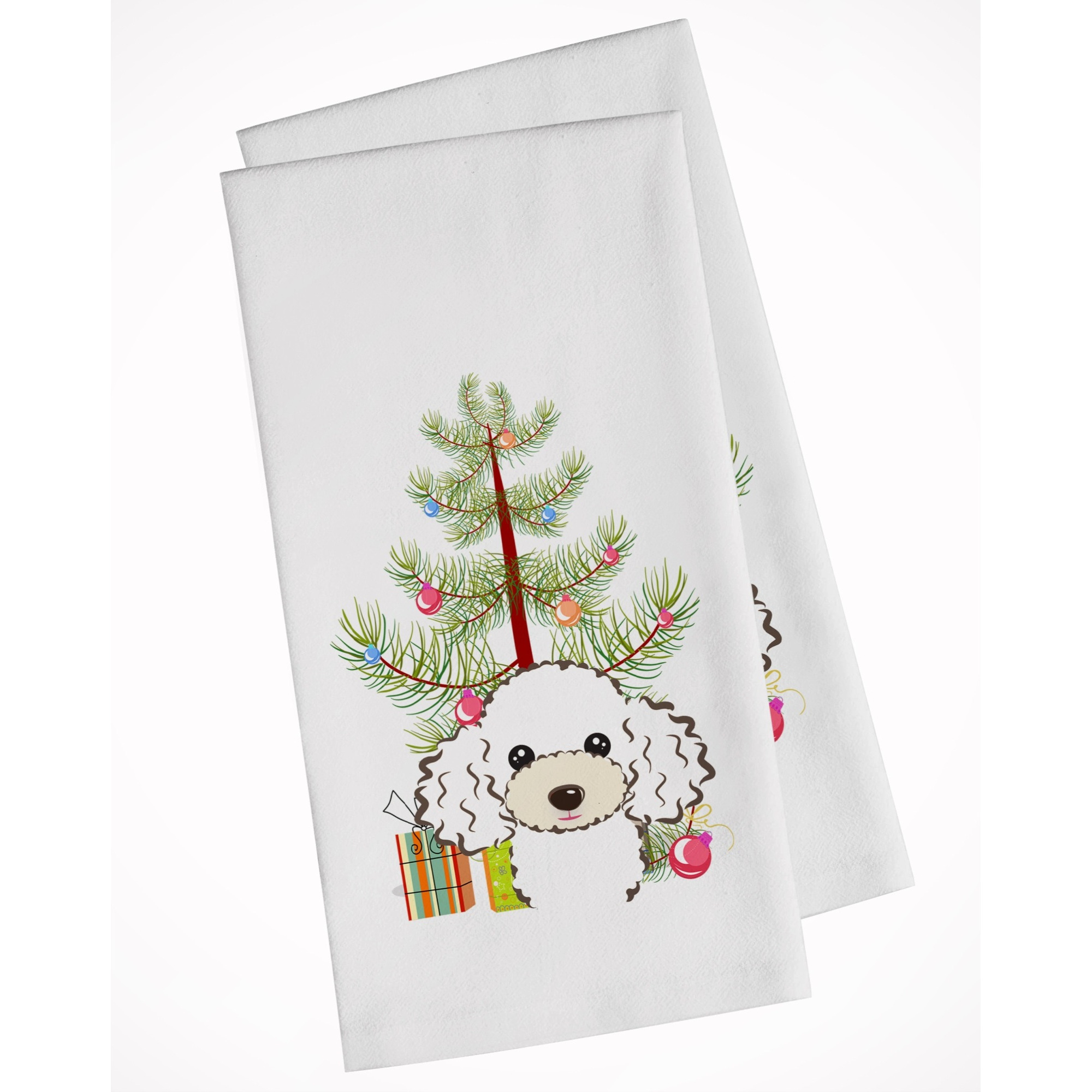 Christmas Tree and White Poodle White Kitchen Towel Set of 2