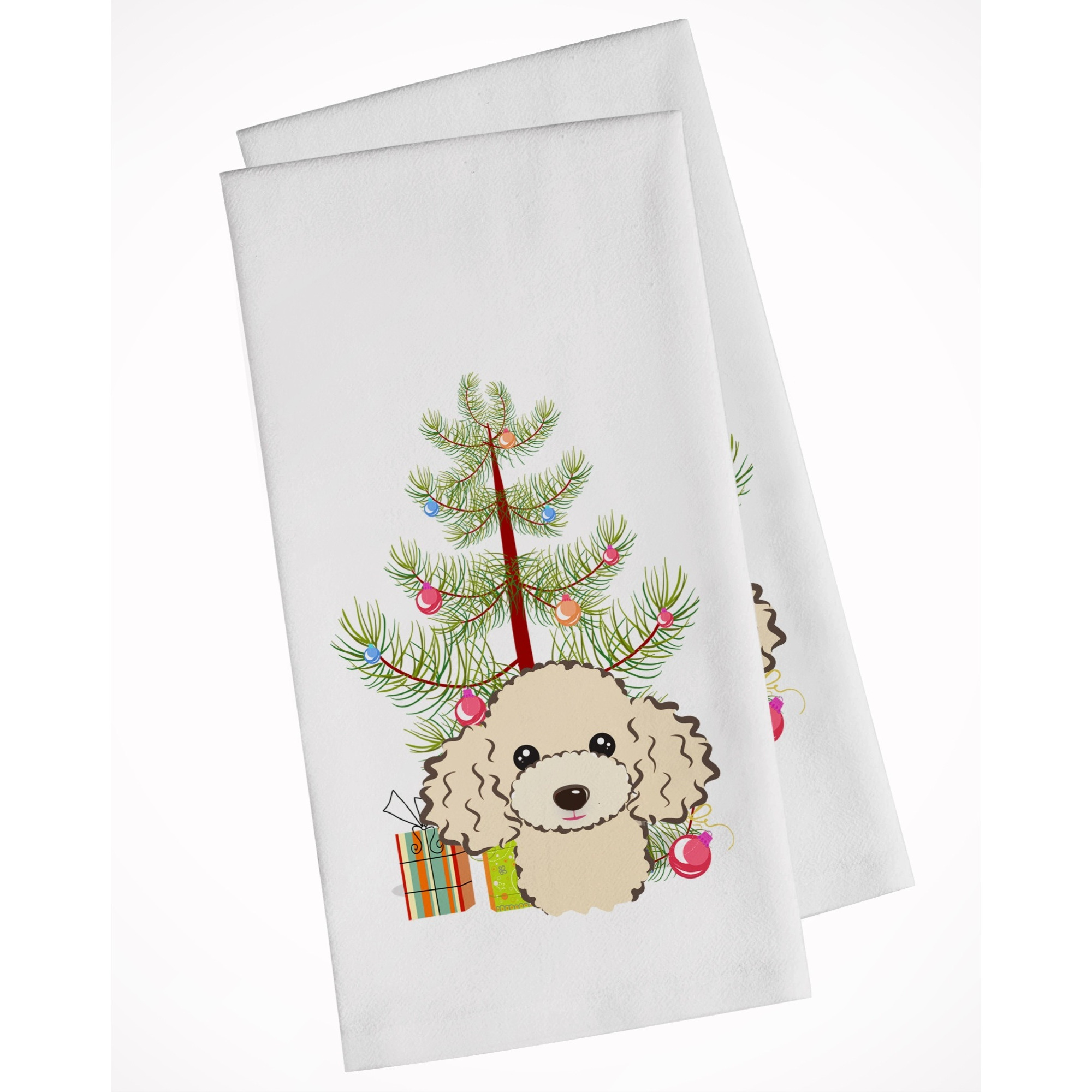 Christmas Tree and Buff Poodle White Kitchen Towel Set of 2