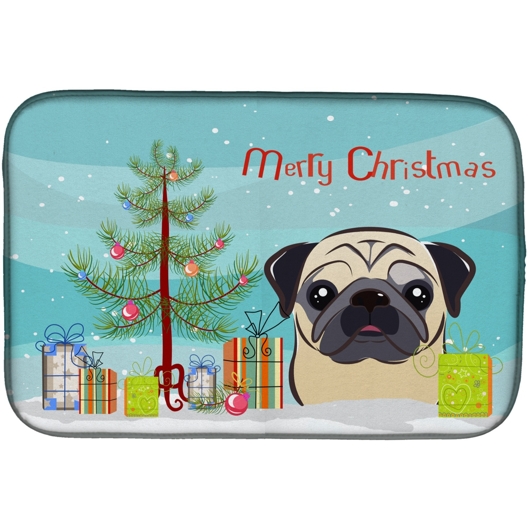 &quotCaroline's Treasures Christmas Tree And Fawn Pug Dish Drying Mat, 14"" x 21"""
