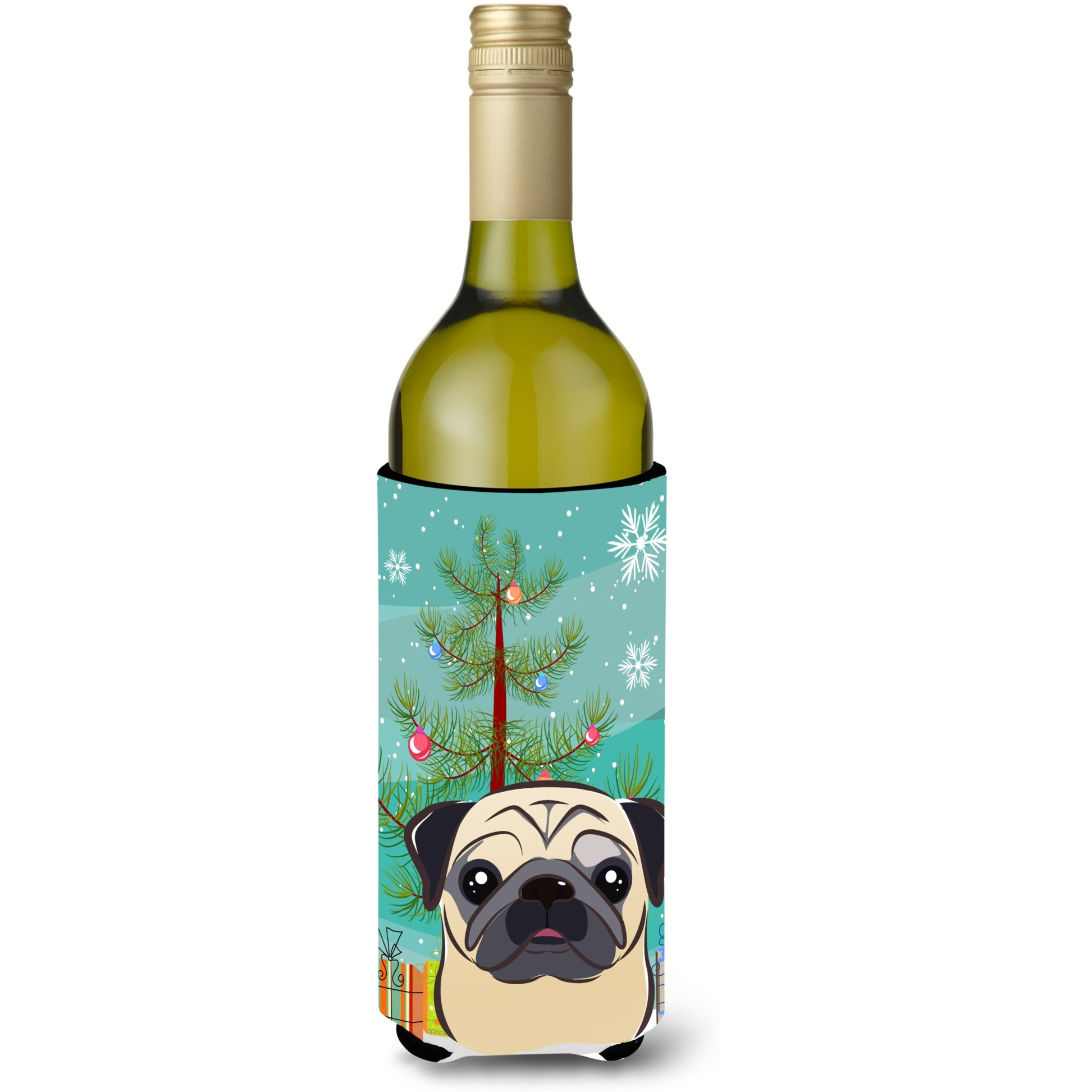 &quotCaroline's Treasures Christmas Tree and Fawn Pug Wine Bottle Koozie Hugger, 750 ml, Multicolor"