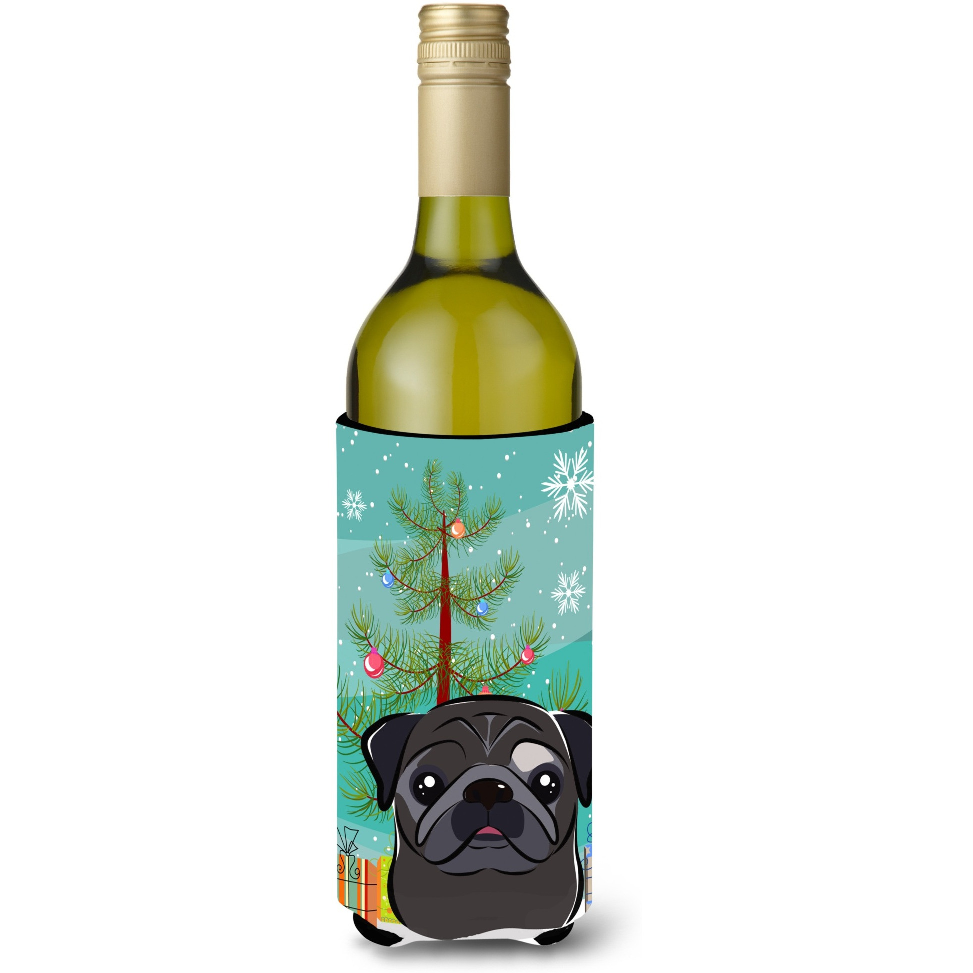 &quotCaroline's Treasures Christmas Tree and Black Pug Wine Bottle Koozie Hugger, 750 ml, Multicolor"