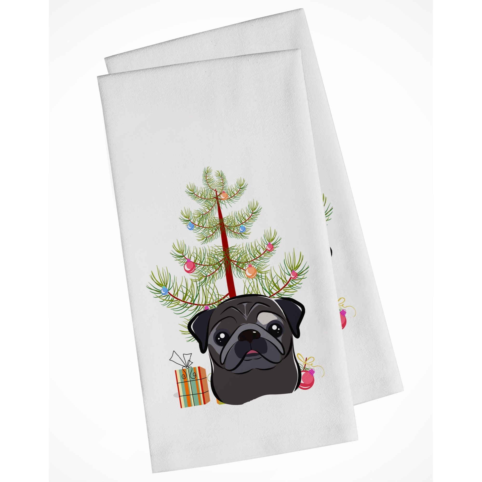 Christmas Tree and Black Pug White Kitchen Towel Set of 2