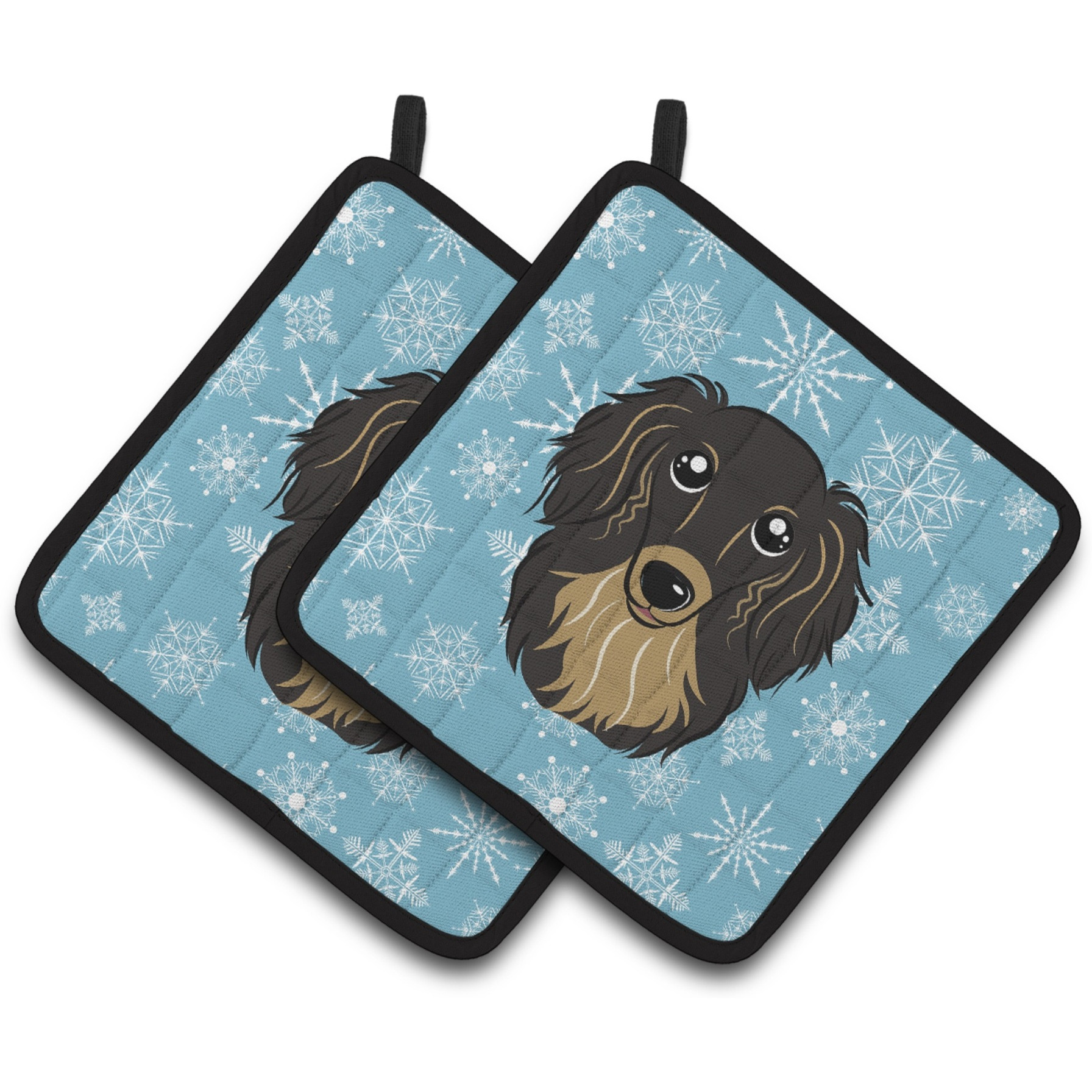 &quotCaroline's Treasures Snowflake Longhair black & Tan Dachshund Pair of Pot Holders BB1647PTHD, 7.5HX7.5W, Multicolor"
