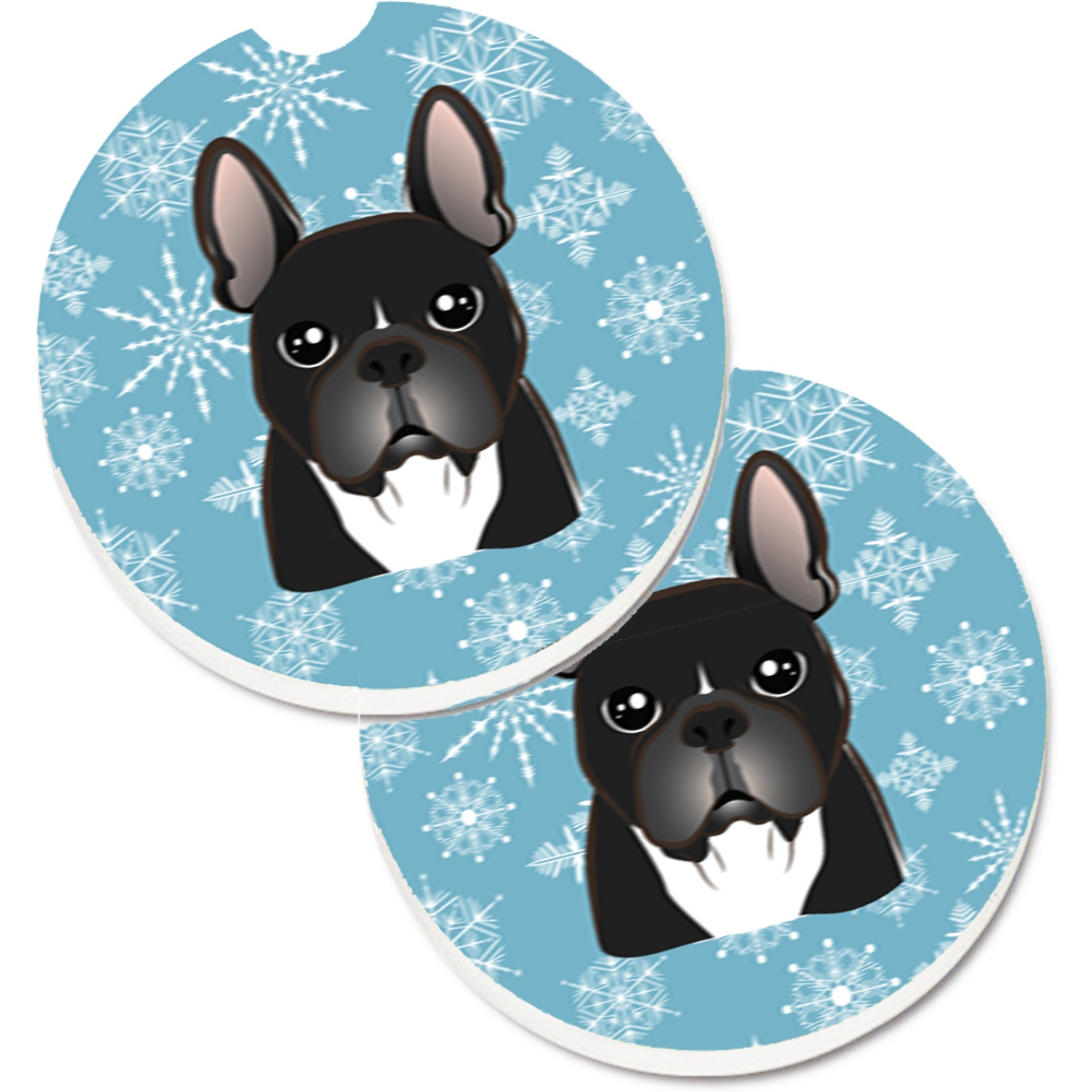 &quotCaroline's Treasures Snowflake French Bulldog Set of 2 Cup Holder Car Coasters BB1661CARC, 2.56, Multicolor"
