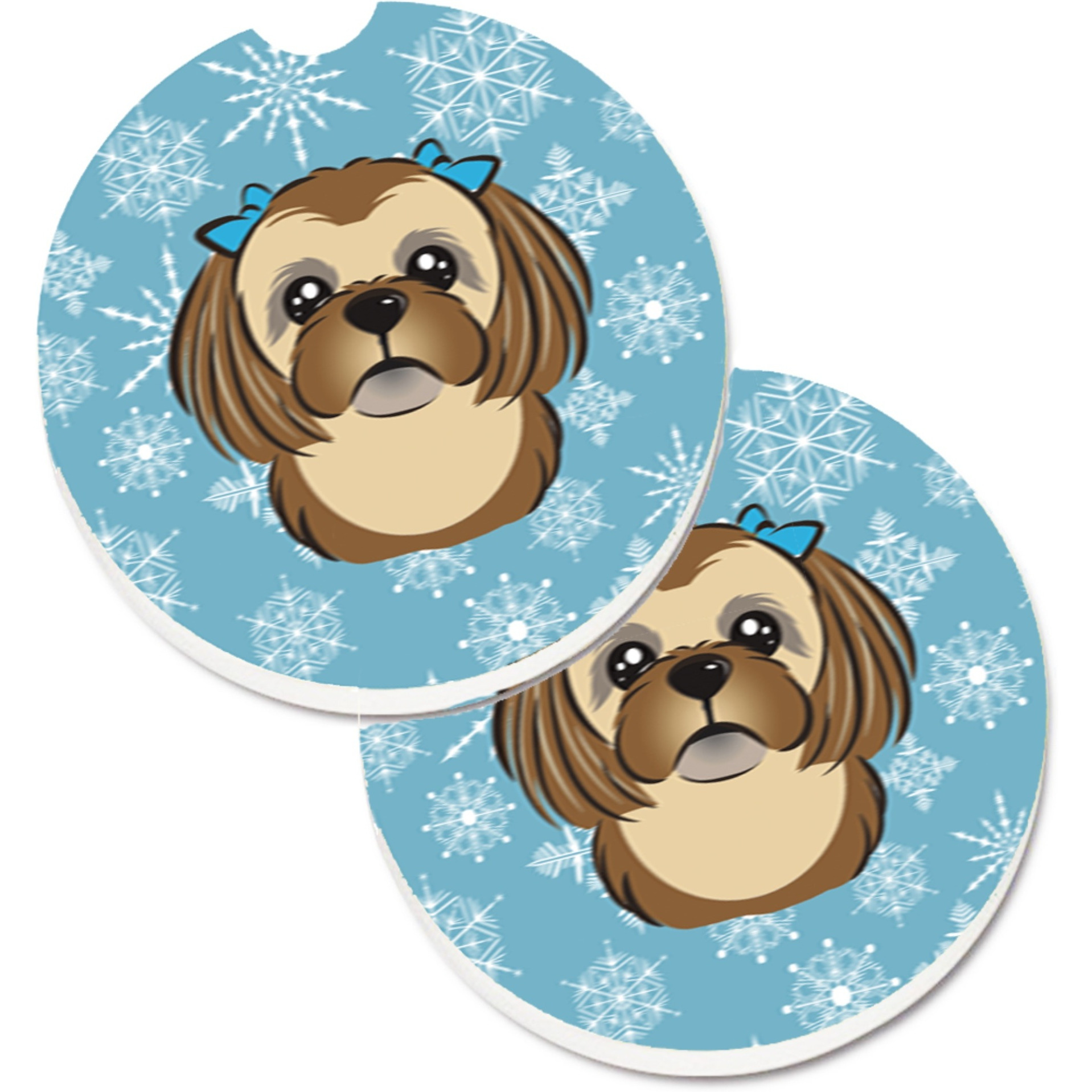 &quotCaroline's Treasures Snowflake Chocolate Brown Shih Tzu Set of 2 Cup Holder Car Coasters BB1683CARC, 2.56, Multicolor"