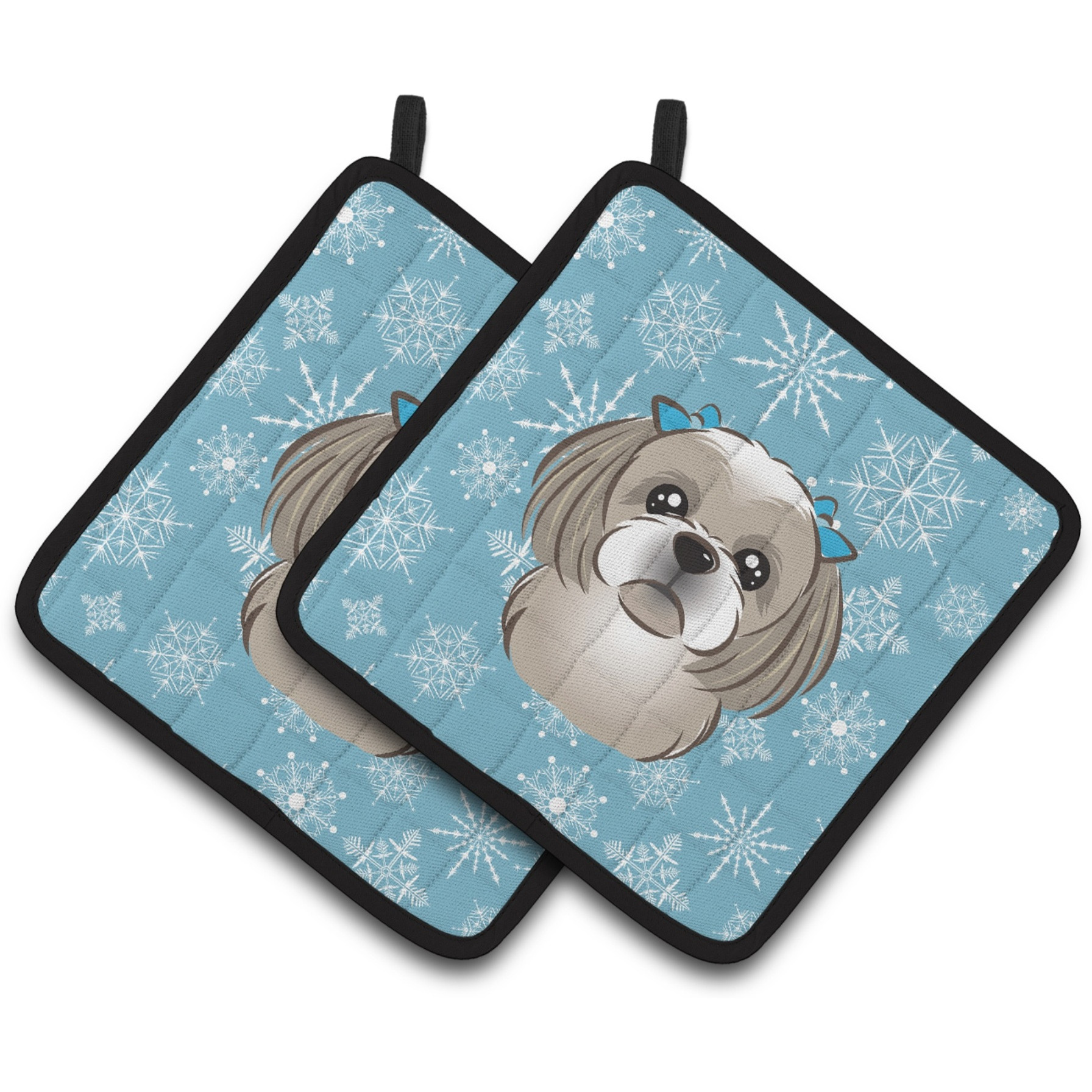&quotCaroline's Treasures Snowflake Gray Silver Shih Tzu Pair of Pot Holders BB1684PTHD, 7.5HX7.5W, Multicolor"