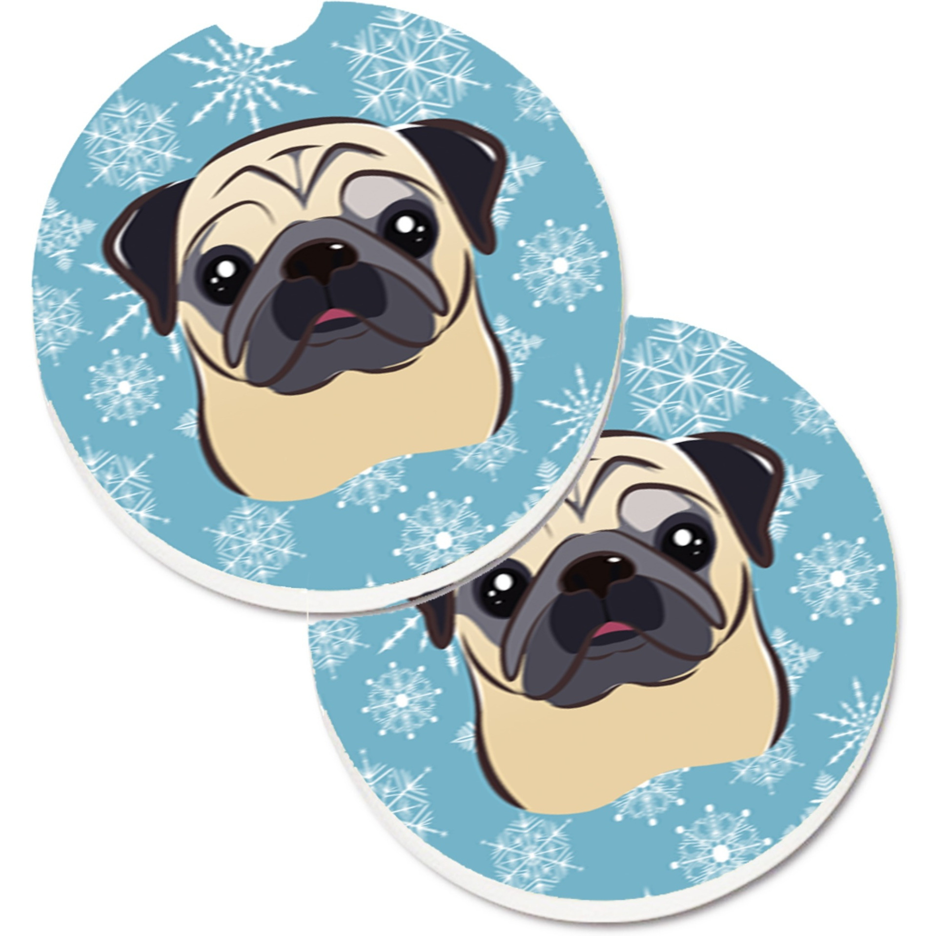 &quotCaroline's Treasures Snowflake Fawn Pug Set of 2 Cup Holder Car Coasters BB1696CARC, 2.56, Multicolor"