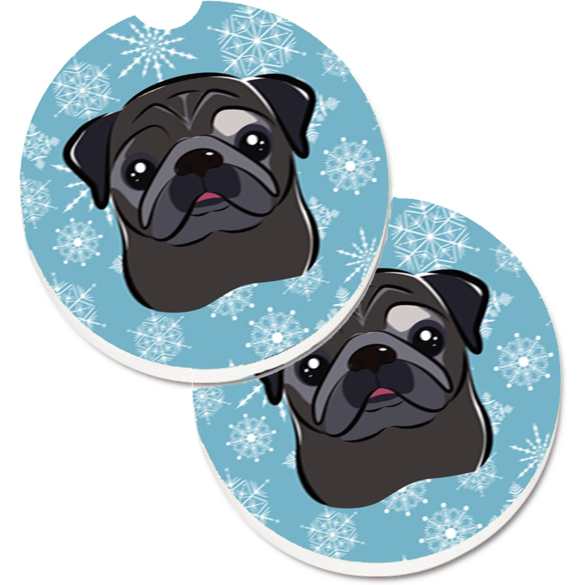 &quotCaroline's Treasures Snowflake black Pug Set of 2 Cup Holder Car Coasters BB1697CARC, 2.56, Multicolor"