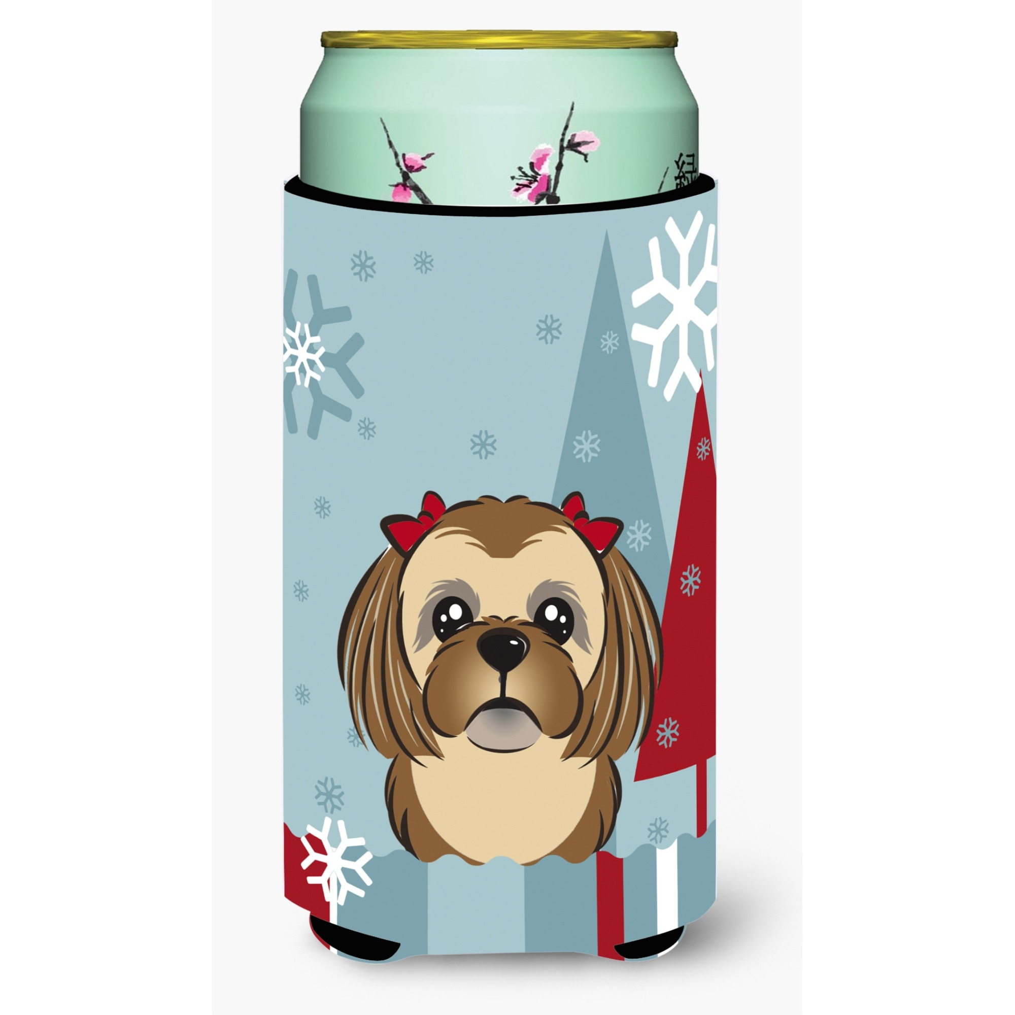 &quotCaroline's Treasures Winter Holiday Chocolate Brown Shih Tzu Tall Boy Koozie Hugger, Multicolor"