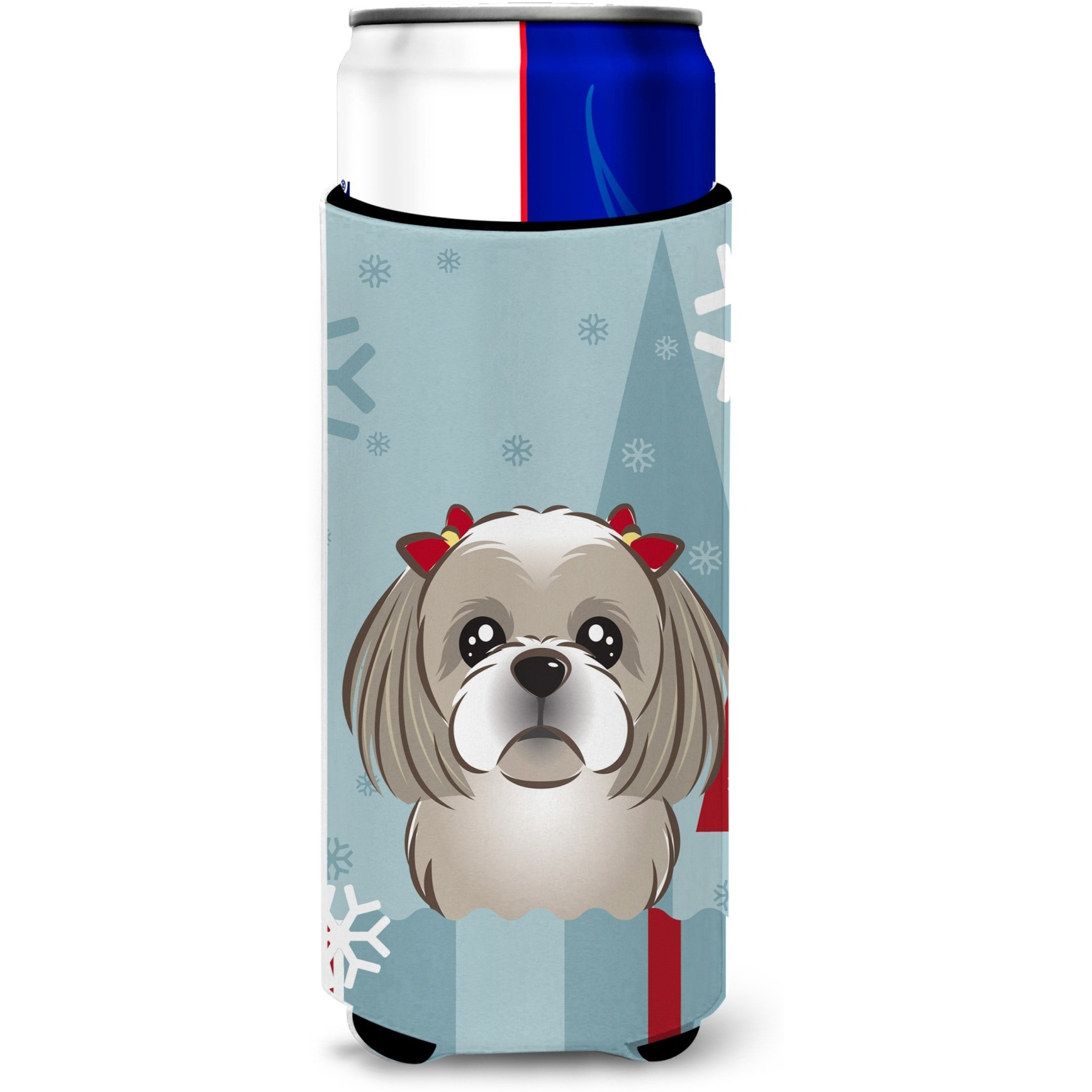 &quotCaroline's Treasures Winter Holiday Gray Silver Shih Tzu Michelob Ultra Koozies for Slim Cans, Multicolor"