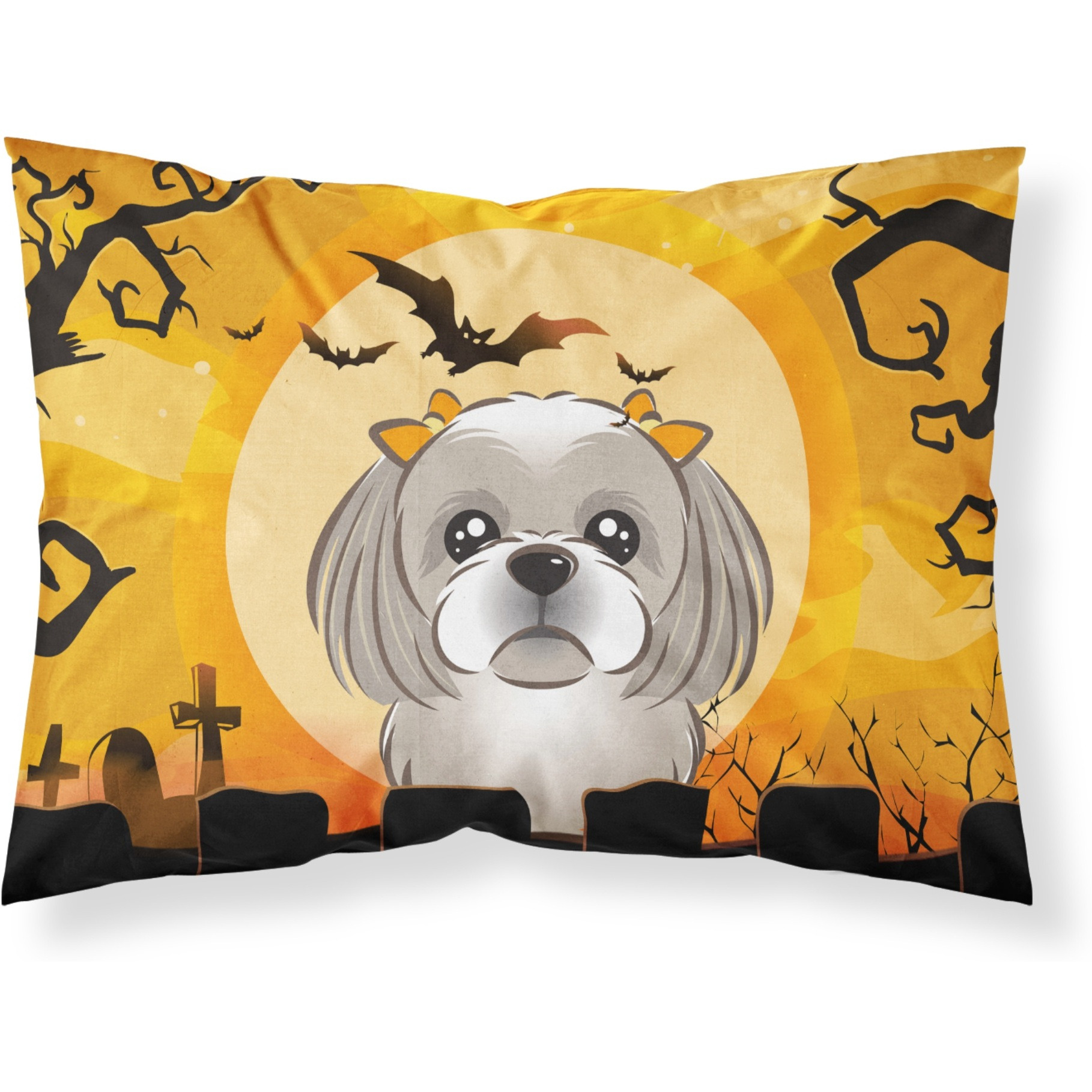 &quotCaroline's Treasures BB1808PILLOWCASE Halloween Gray Silver Shih Tzu Fabric Standard Pillowcase, Large, Multicolor"