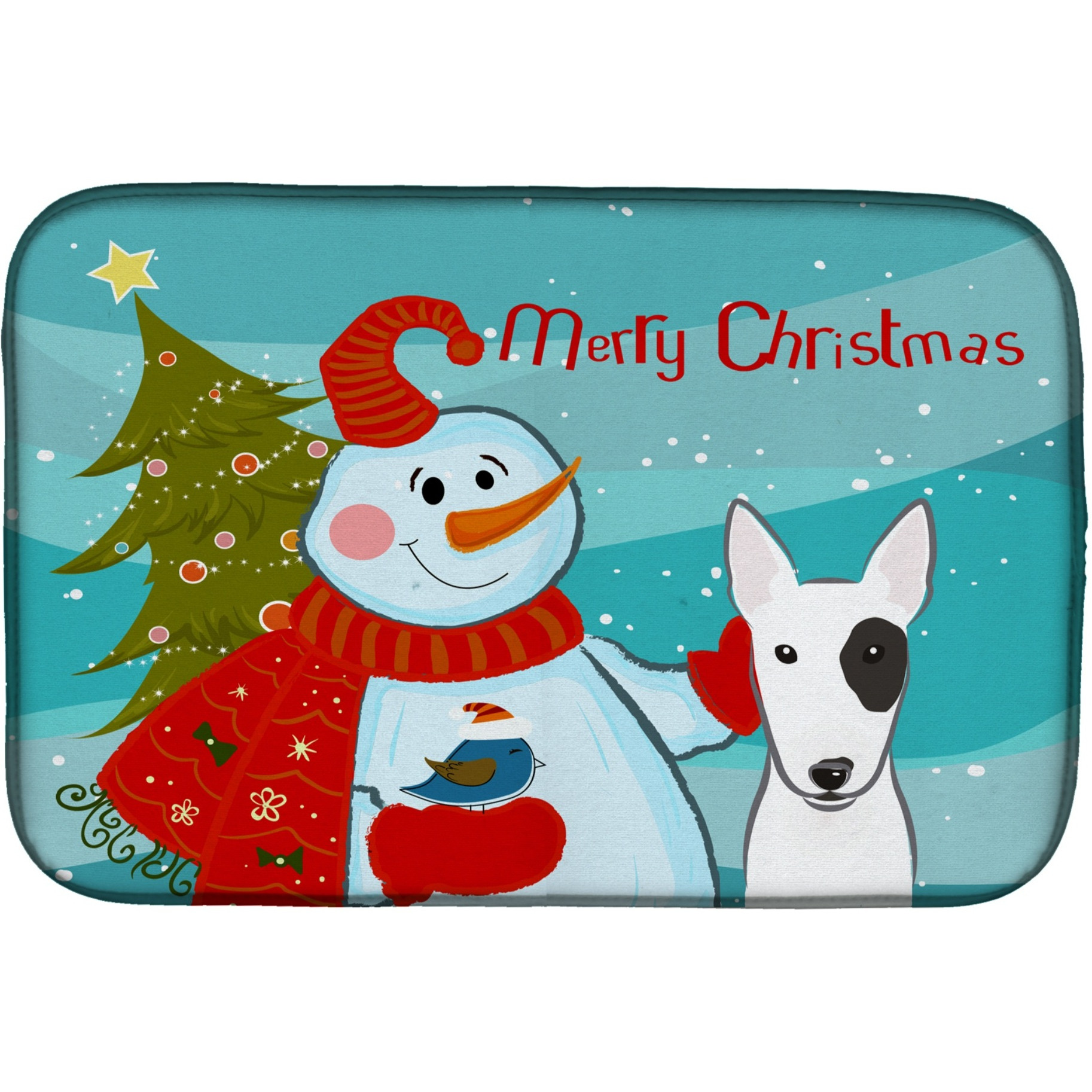 &quotCaroline's Treasures Snowman With Bull Terrier Dish Drying Mat, 14"" x 21"""