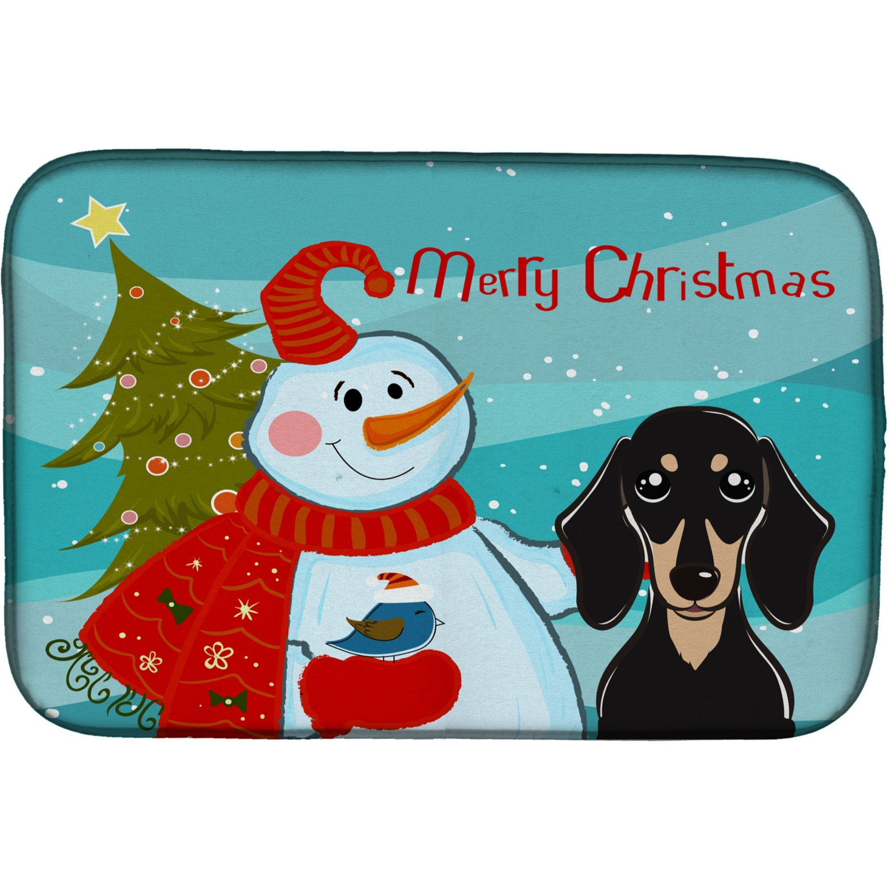 &quotCaroline's Treasures Snowman with Smooth Black and Tan Dachshund Dish Drying Mat, 14"" x 21"""
