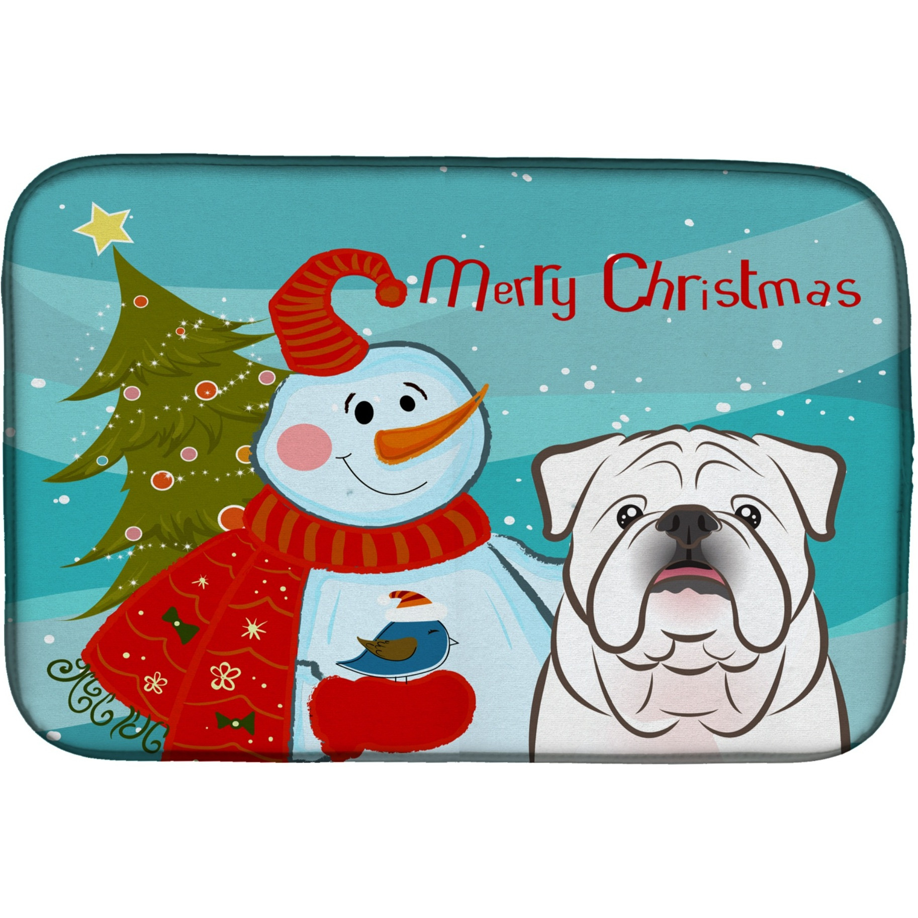 &quotCaroline's Treasures Snowman With White English Bulldog Dish Drying Mat, 14"" x 21"""