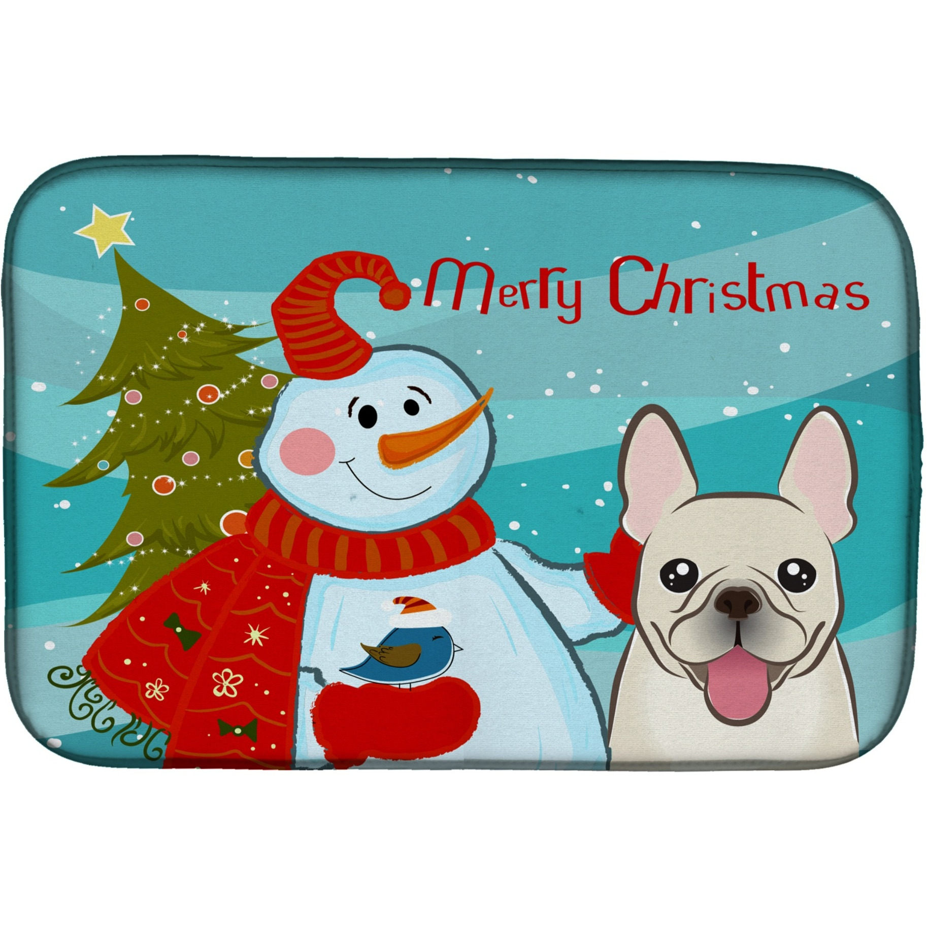 &quotCaroline's Treasures Snowman with French Bulldog Dish Drying Mat, 14"" x 21"""