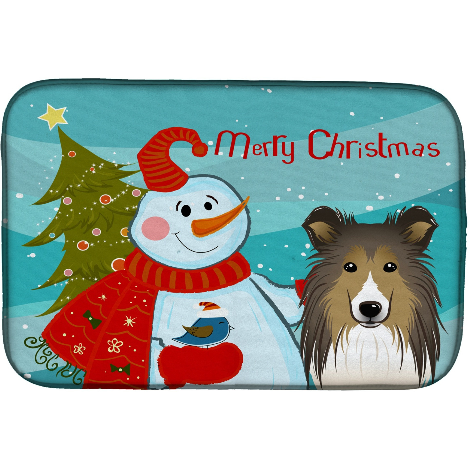 &quotCaroline's Treasures Snowman With Sheltie Dish Drying Mat, 14"" x 21"""