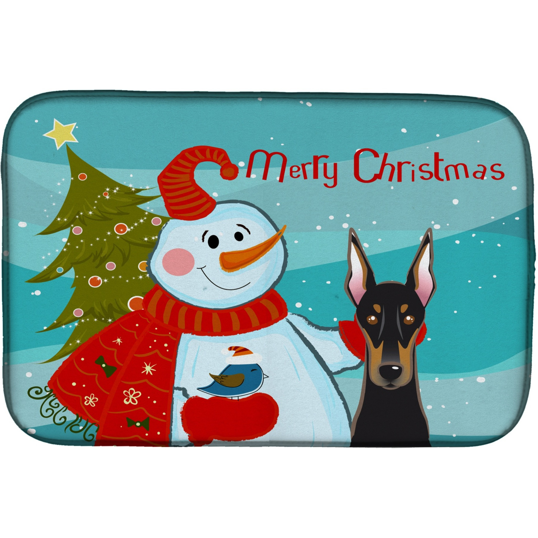 &quotCaroline's Treasures Snowman With Doberman Dish Drying Mat, 14"" x 21"""