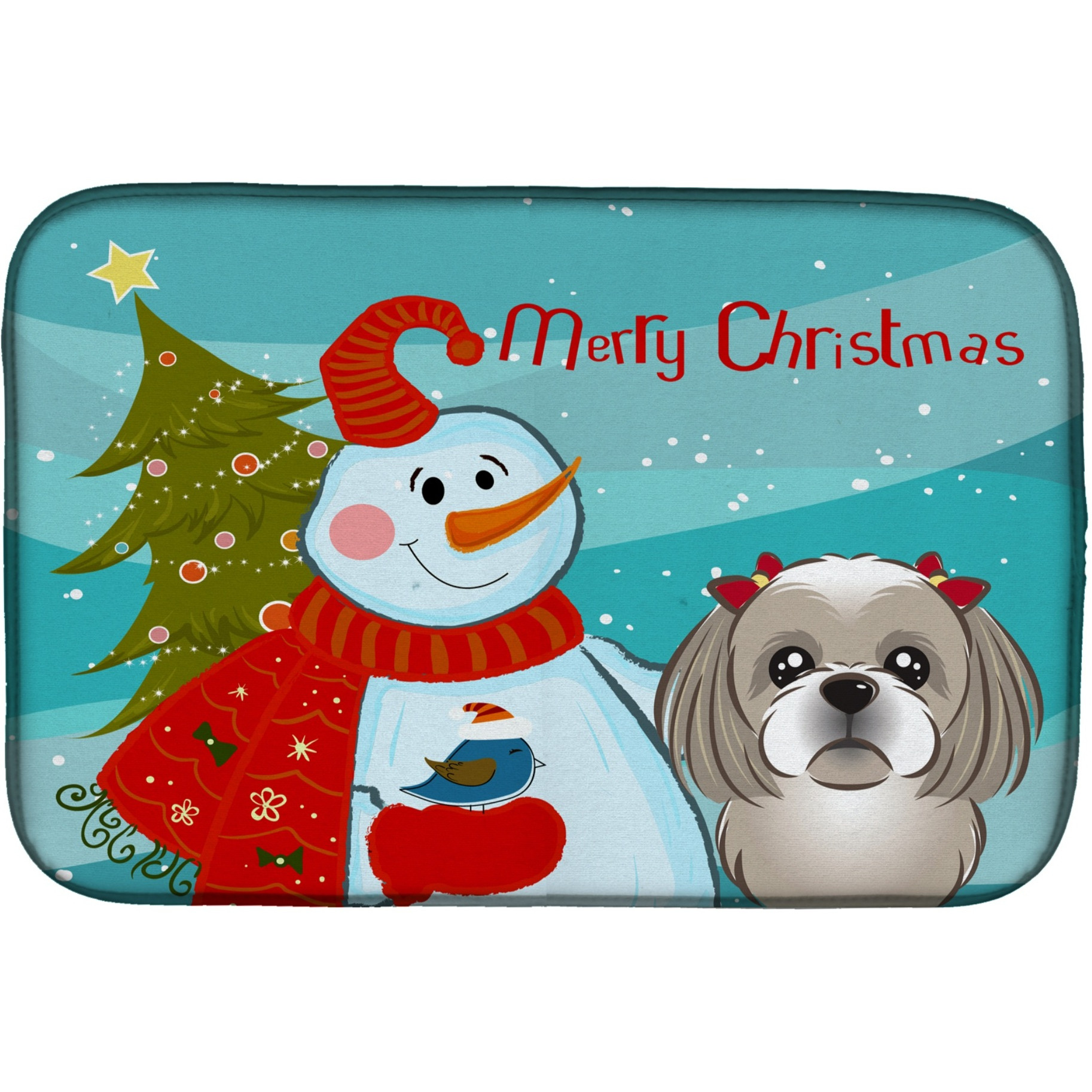 &quotCaroline's Treasures Snowman with Gray Silver Shih Tzu Dish Drying Mat, 14"" x 21"""