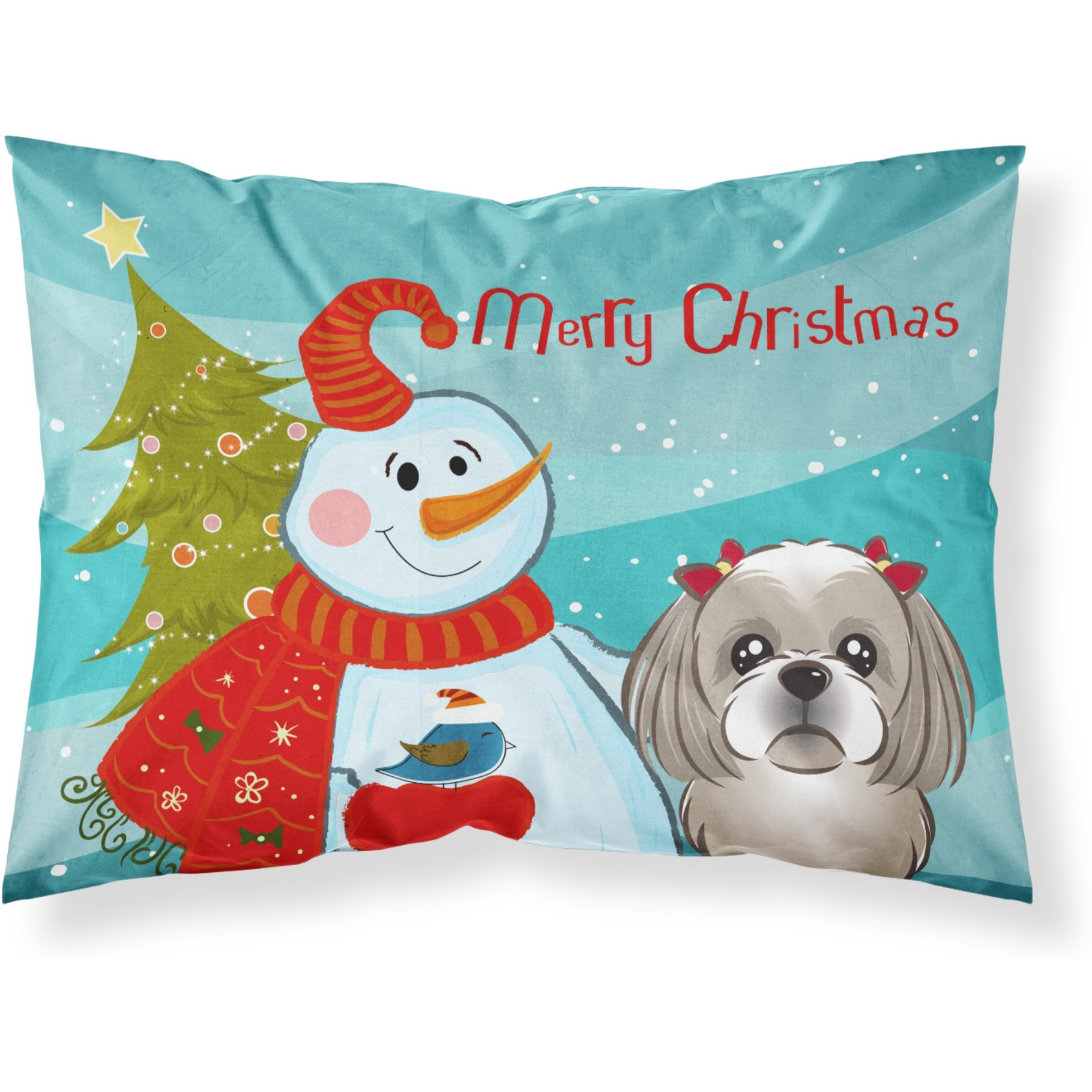 &quotCaroline's Treasures BB1870PILLOWCASE Snowman with Gray Silver Shih Tzu Fabric Standard Pillowcase, Large, Multicolor"