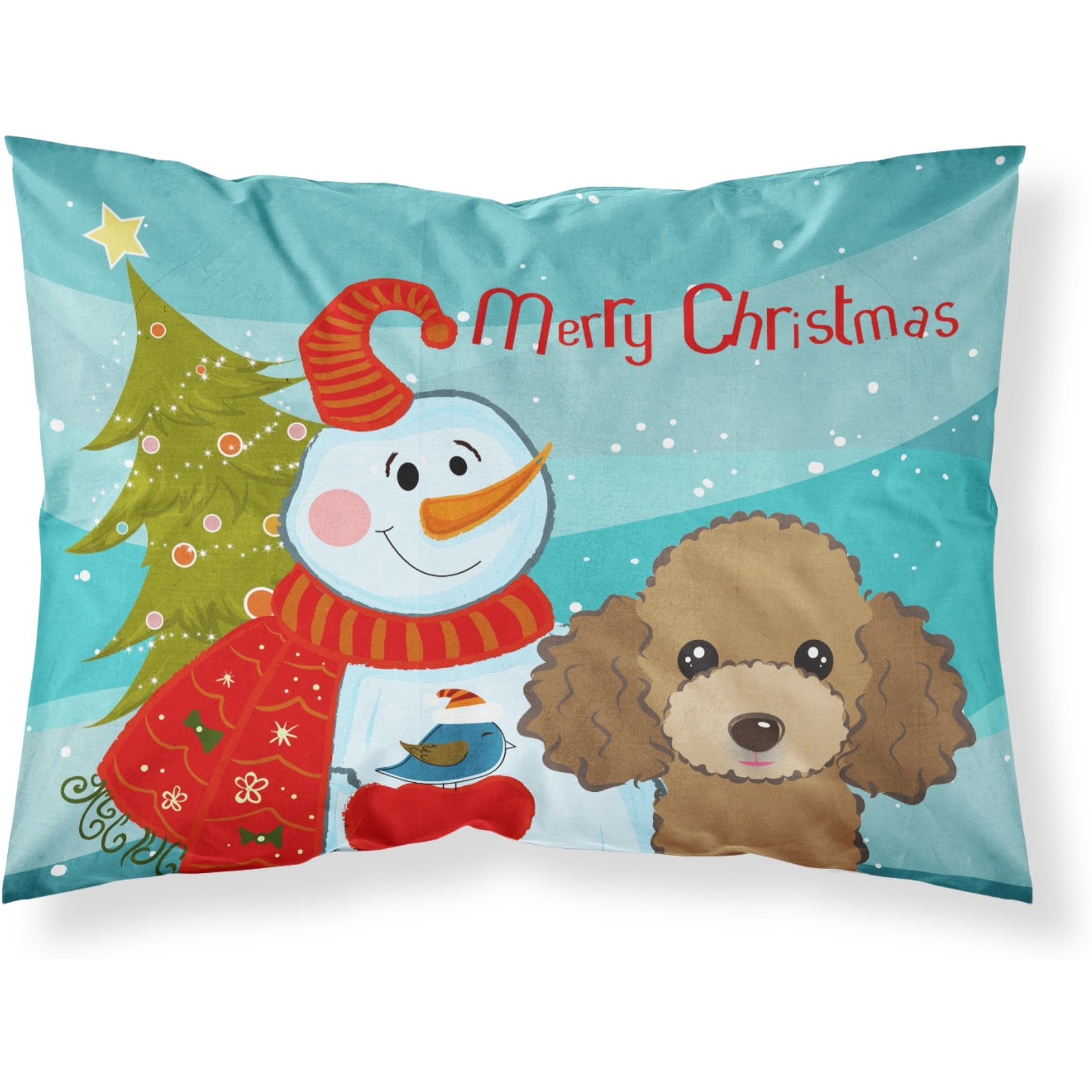 &quotCaroline's Treasures BB1876PILLOWCASE Snowman with Chocolate Brown Poodle Fabric Standard Pillowcase, Large, Multicolor"