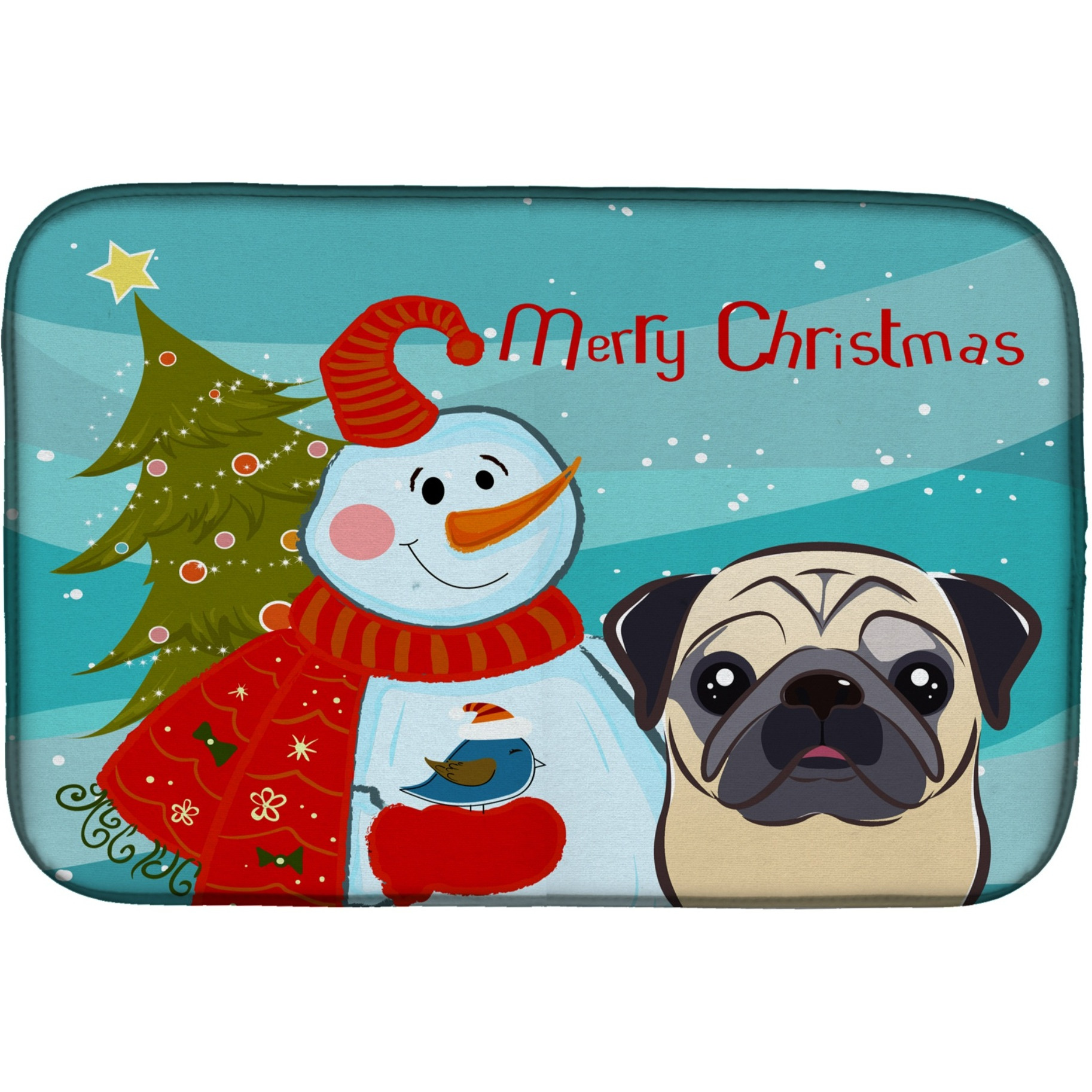 &quotCaroline's Treasures Snowman with Fawn Pug Dish Drying Mat, 14"" x 21"""