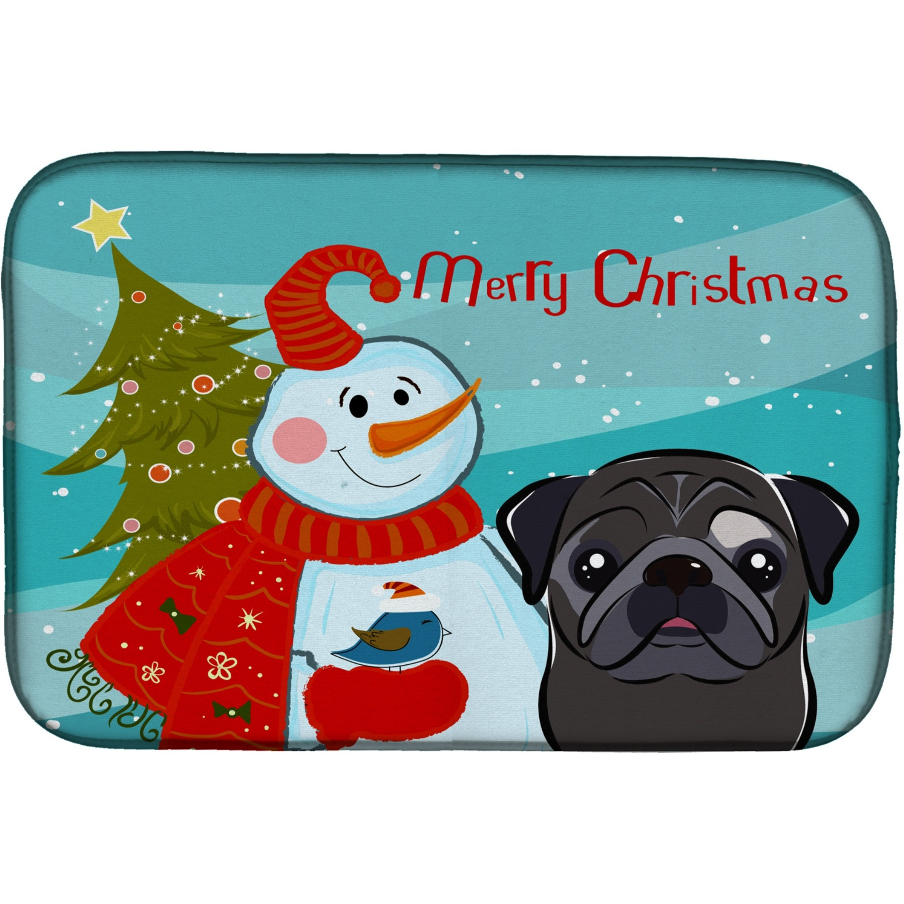 &quotCaroline's Treasures Snowman With Black Pug Dish Drying Mat, 14"" x 21"""