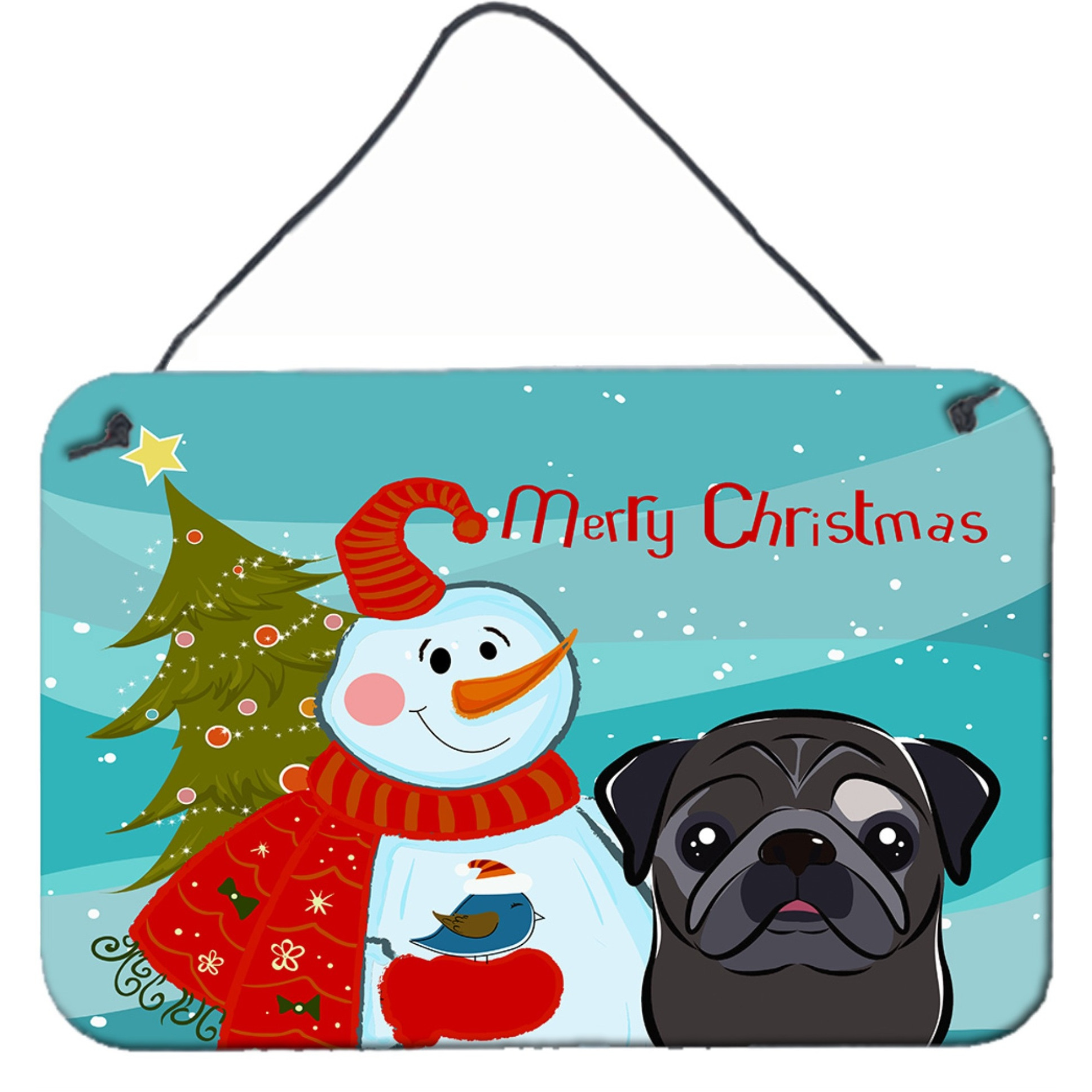 &quotCaroline's Treasures Snowman with Black Pug Wall or Door Hanging Prints BB1883DS812, 8HX12W"