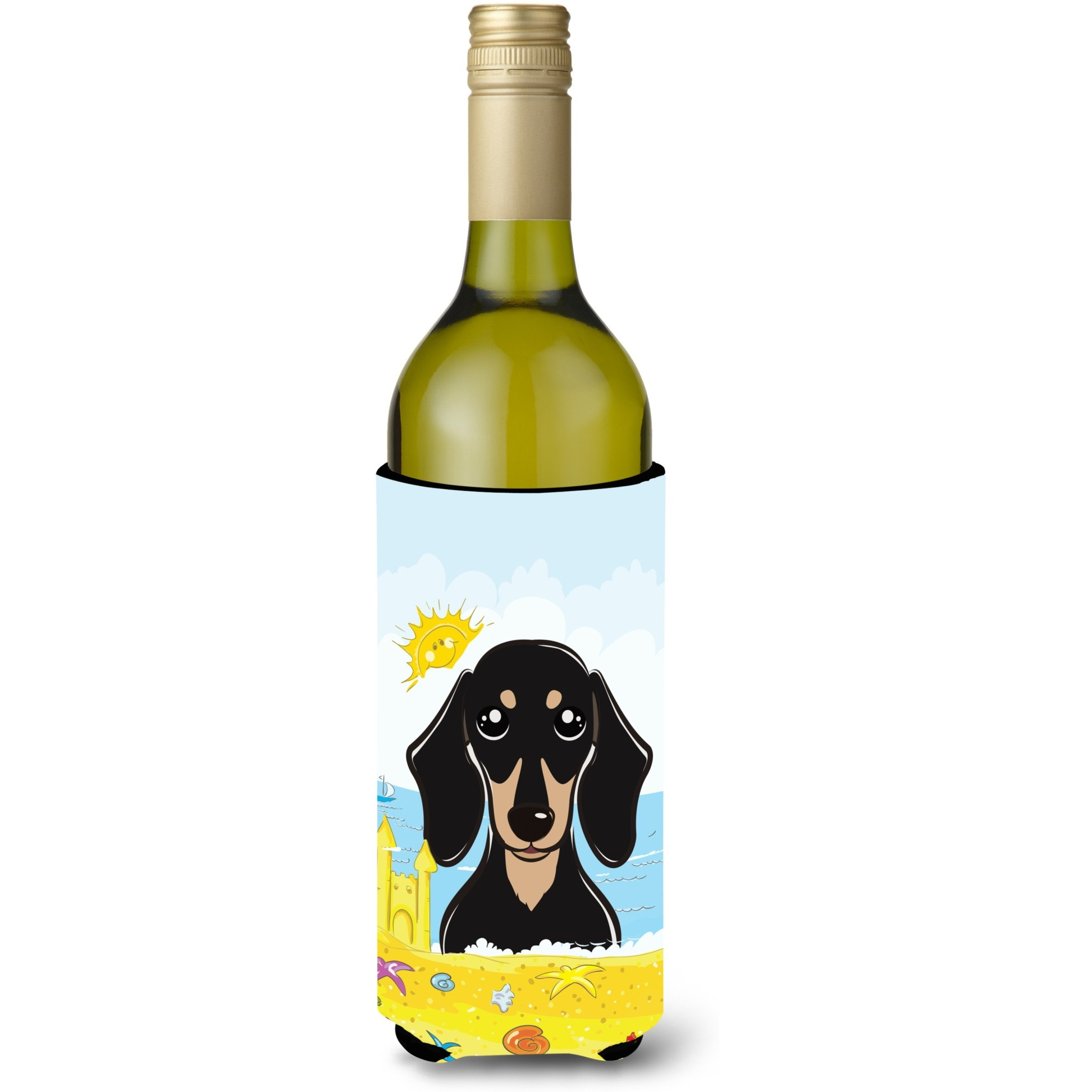 &quotCaroline's Treasures BB2083LITERK "&quotSmooth Black and Tan Dachshund Summer Beach"" Wine Bottle Hugger Koozie, 750ml, Multicolor"