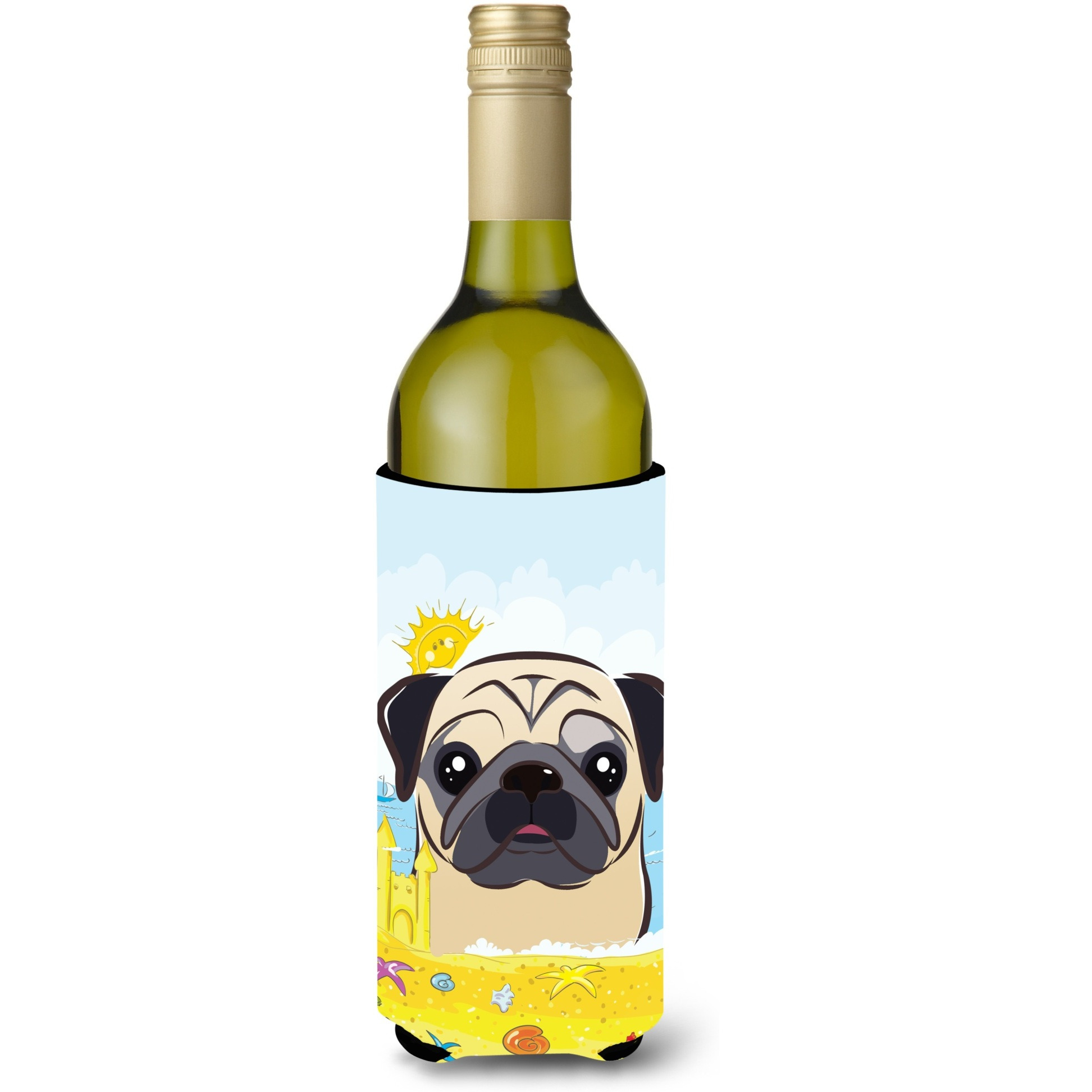 &quotCaroline's Treasures BB2130LITERK "&quotFawn Pug Summer Beach"" Wine Bottle Hugger Koozie, 750ml, Multicolor"