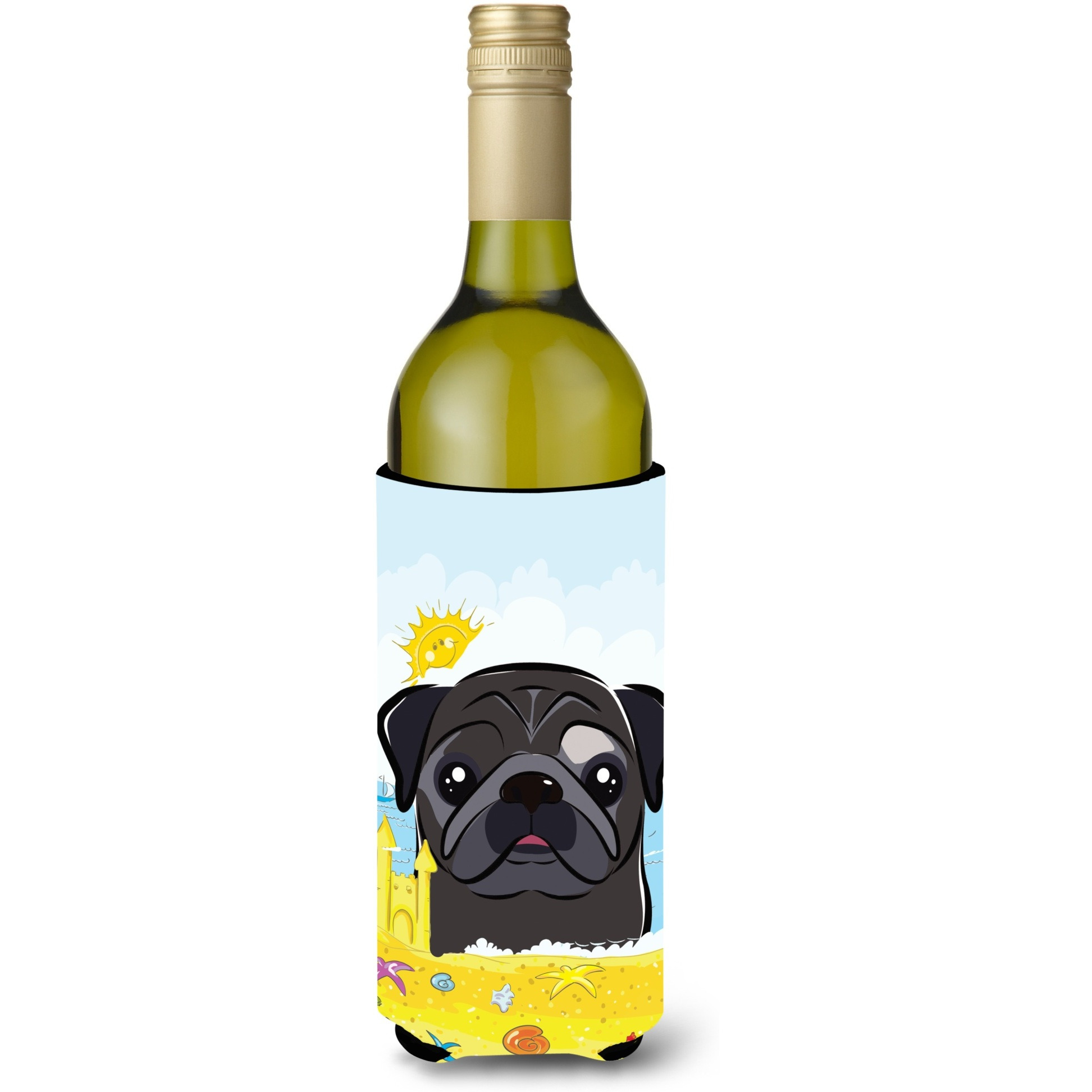 &quotCaroline's Treasures BB2131LITERK "&quotBlack Pug Summer Beach"" Wine Bottle Hugger Koozie, 750ml, Multicolor"