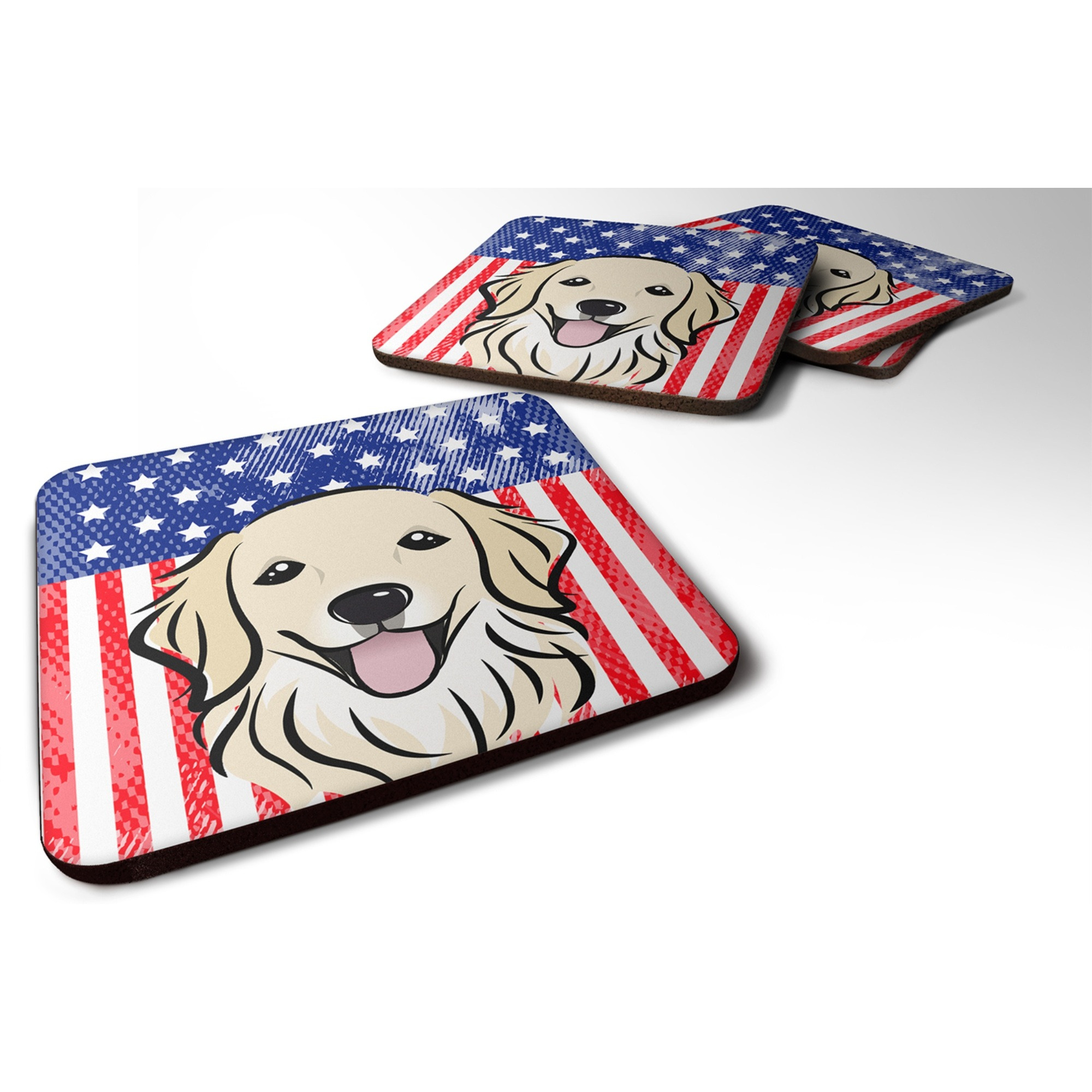&quotCaroline's Treasures BB2135FC American Flag And Golden Retriever Foam Coaster (Set of 4), 3.5"", Multicolor"