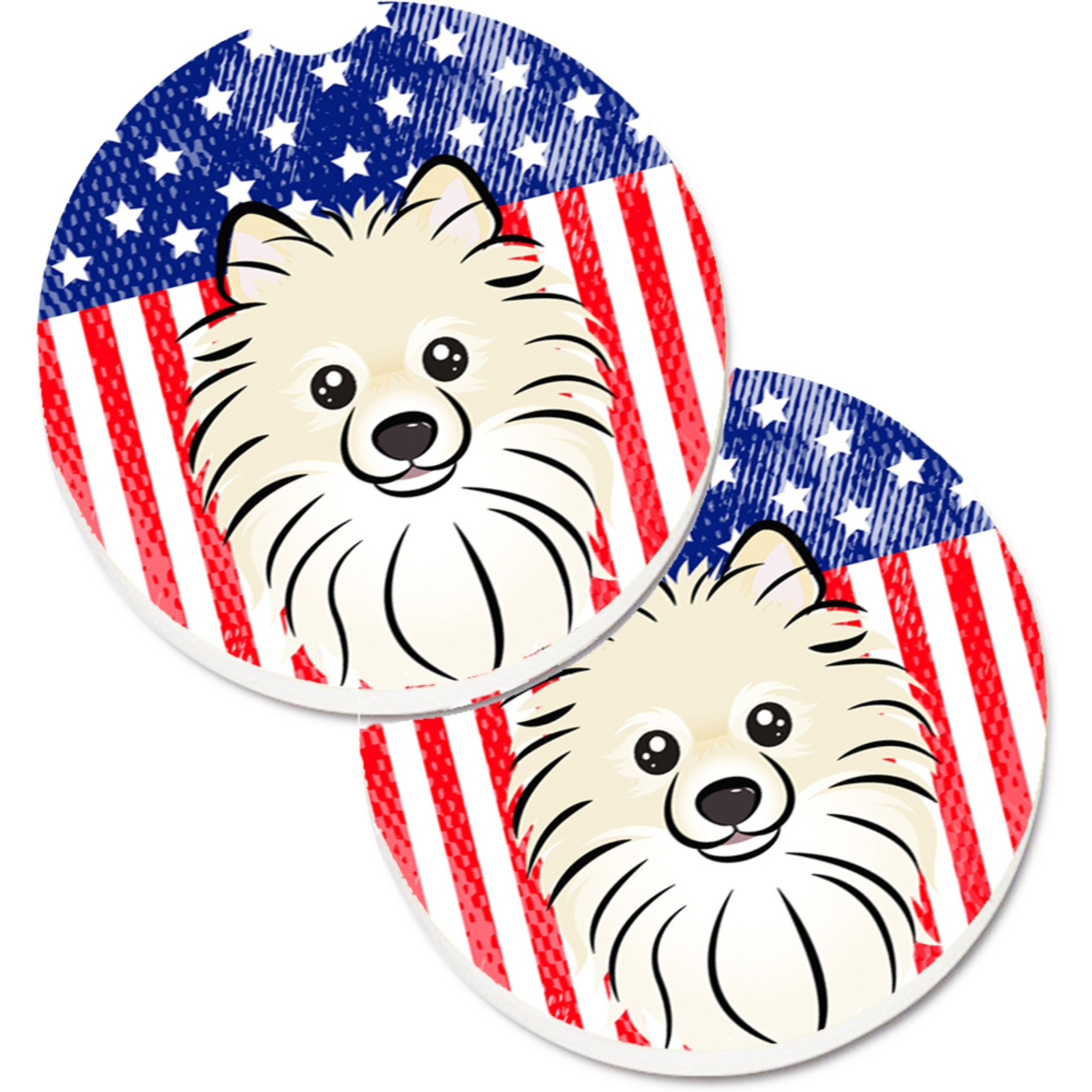 &quotCaroline's Treasures American Flag & Pomeranian Set of 2 Cup Holder Car Coasters BB2137CARC, 2.56, Multicolor"