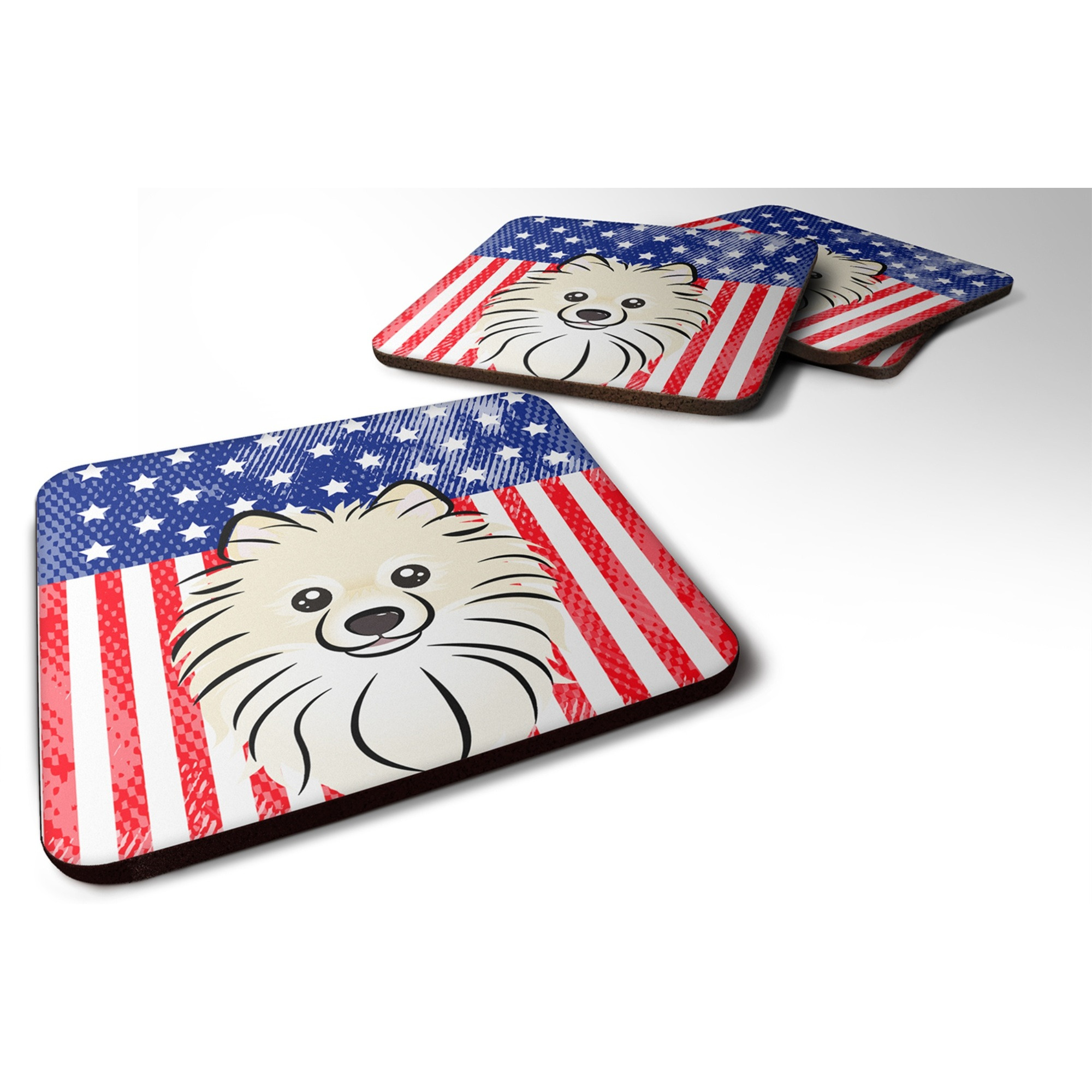 &quotCaroline's Treasures BB2137FC American Flag And Pomeranian Foam Coaster (Set of 4), 3.5"", Multicolor"