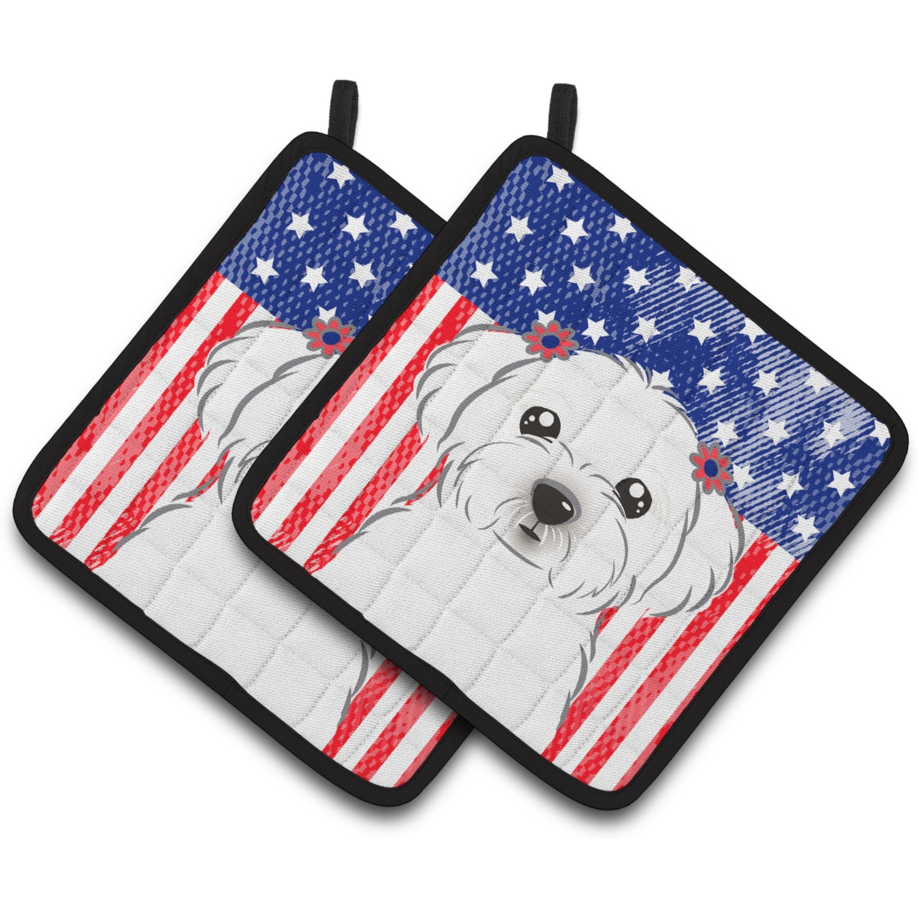 &quotCaroline's Treasures American Flag & Maltese Pair of Pot Holders BB2138PTHD, 7.5HX7.5W, Multicolor"