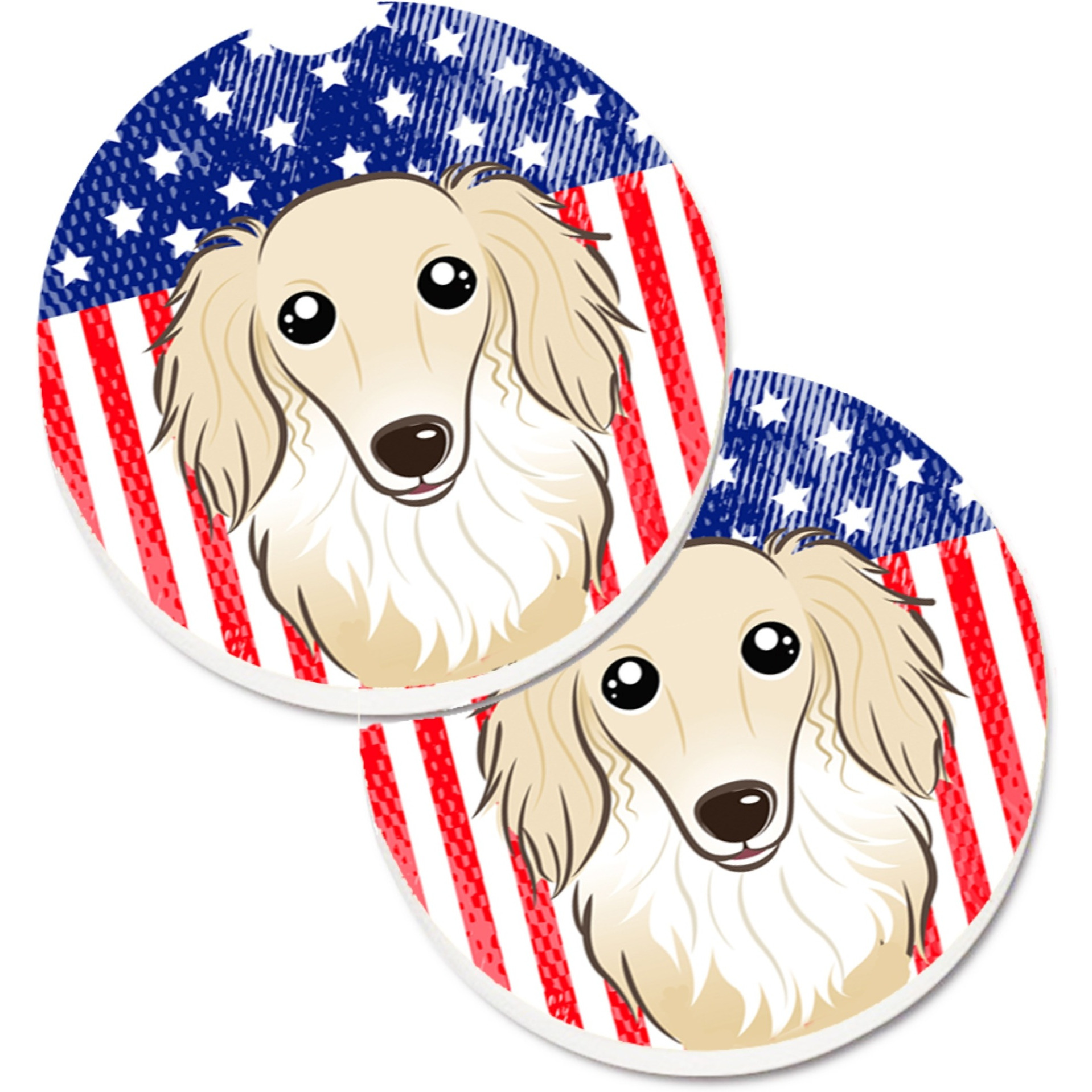 &quotCaroline's Treasures American Flag & Longhair Creme Dachshund Set of 2 Cup Holder Car Coasters BB2142CARC, 2.56, Multicolor"