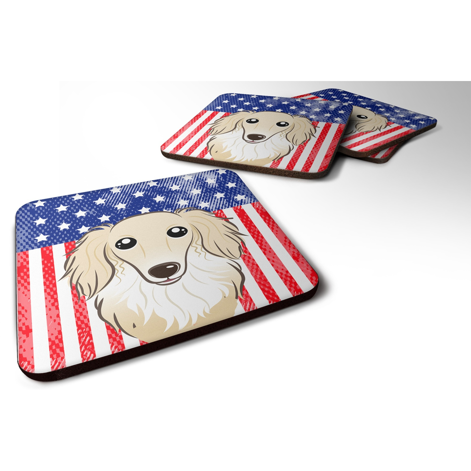 &quotCaroline's Treasures BB2142FC American Flag And Longhair Creme Dachshund Foam Coaster (Set of 4), 3.5"", Multicolor"