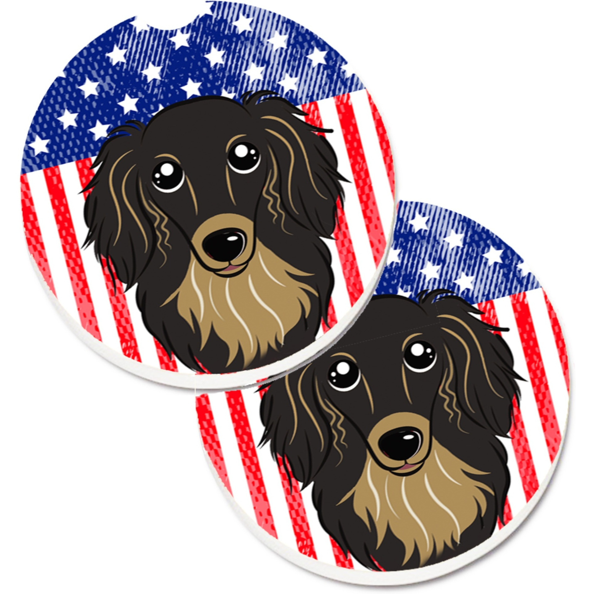 &quotCaroline's Treasures American Flag & Longhair black & Tan Dachshund Set of 2 Cup Holder Car Coasters BB2143CARC, 2.56, Multicolor"