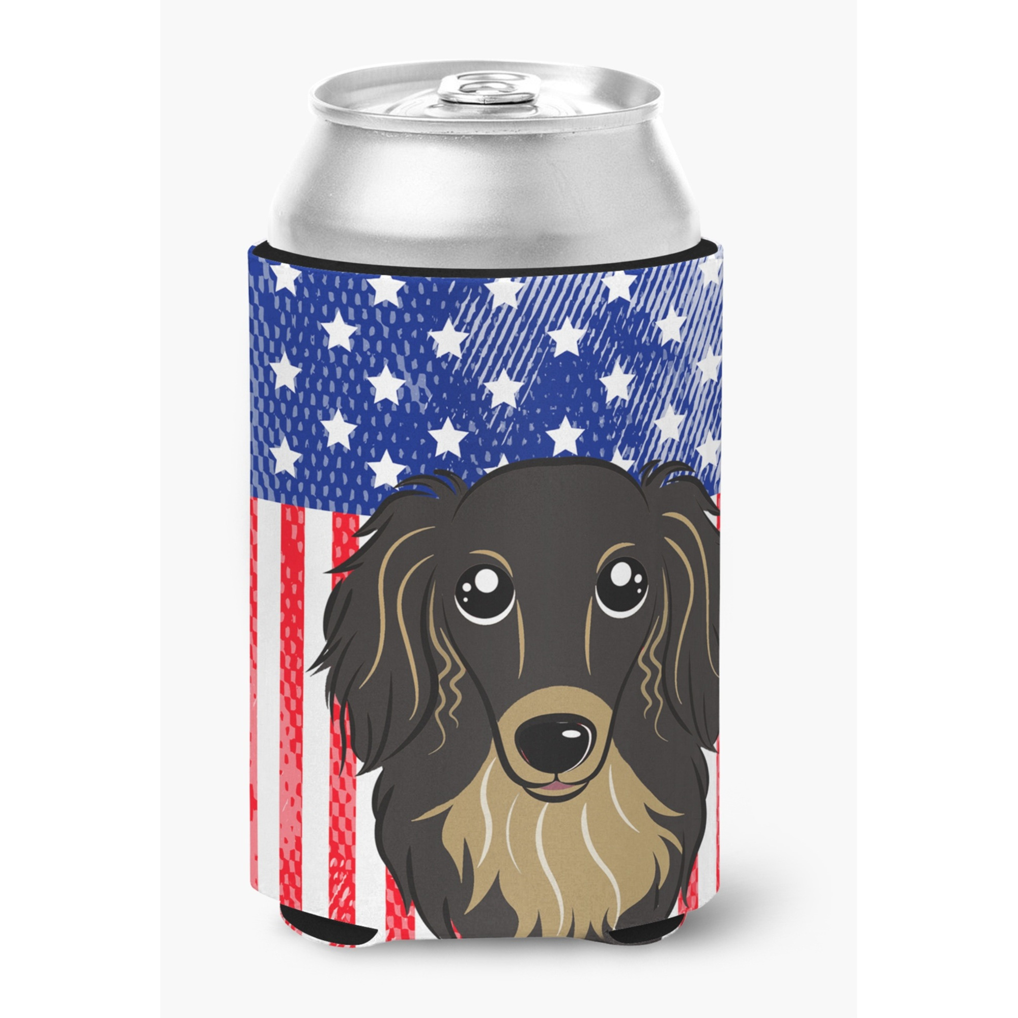 &quotCaroline's Treasures BB2143CC American Flag And Longhair Black And Tan Dachshund Can Or Bottle Hugger, Multicolor"