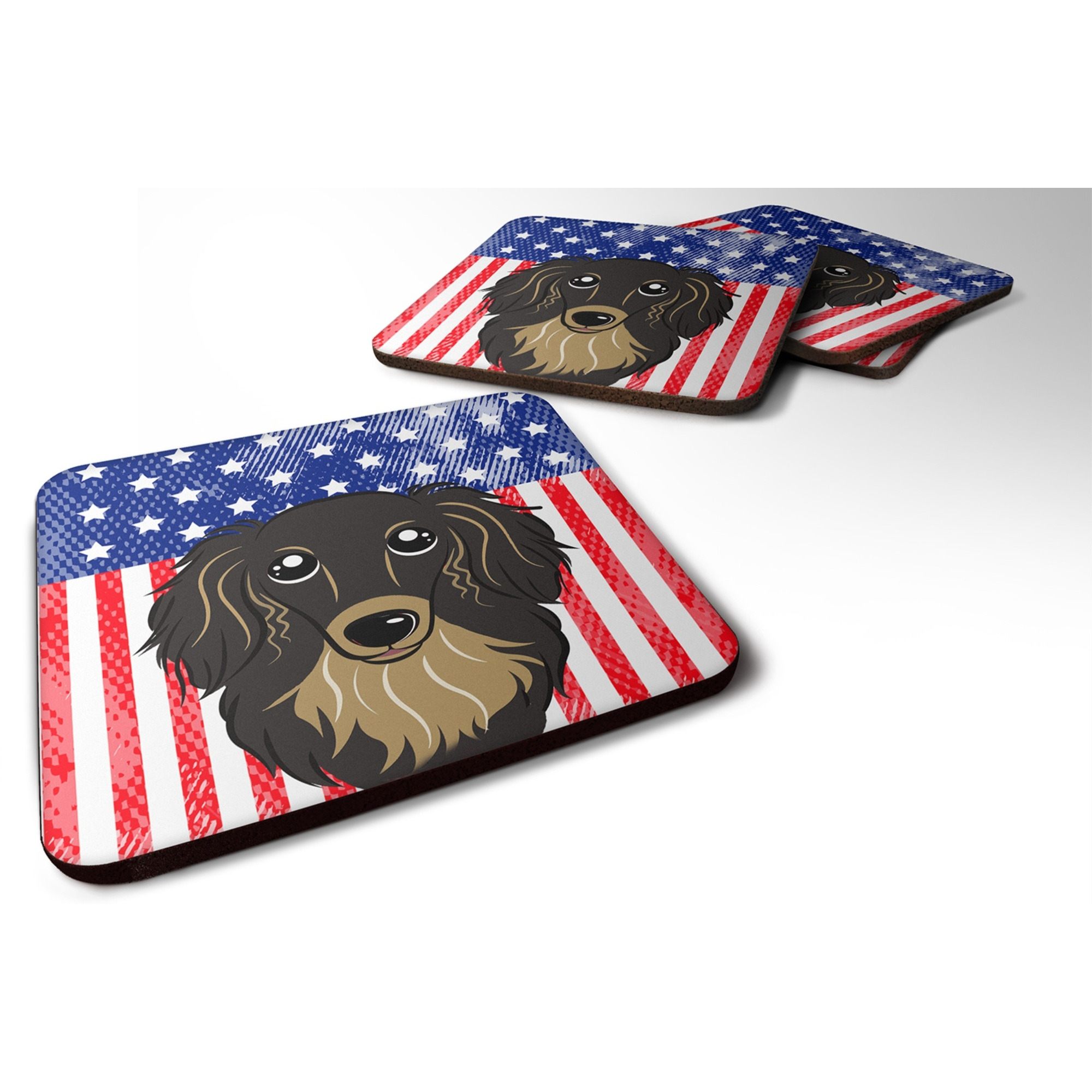 &quotCaroline's Treasures BB2143FC American Flag And Longhair Black And Tan Dachshund Foam Coaster (Set of 4), 3.5"", Multicolor"