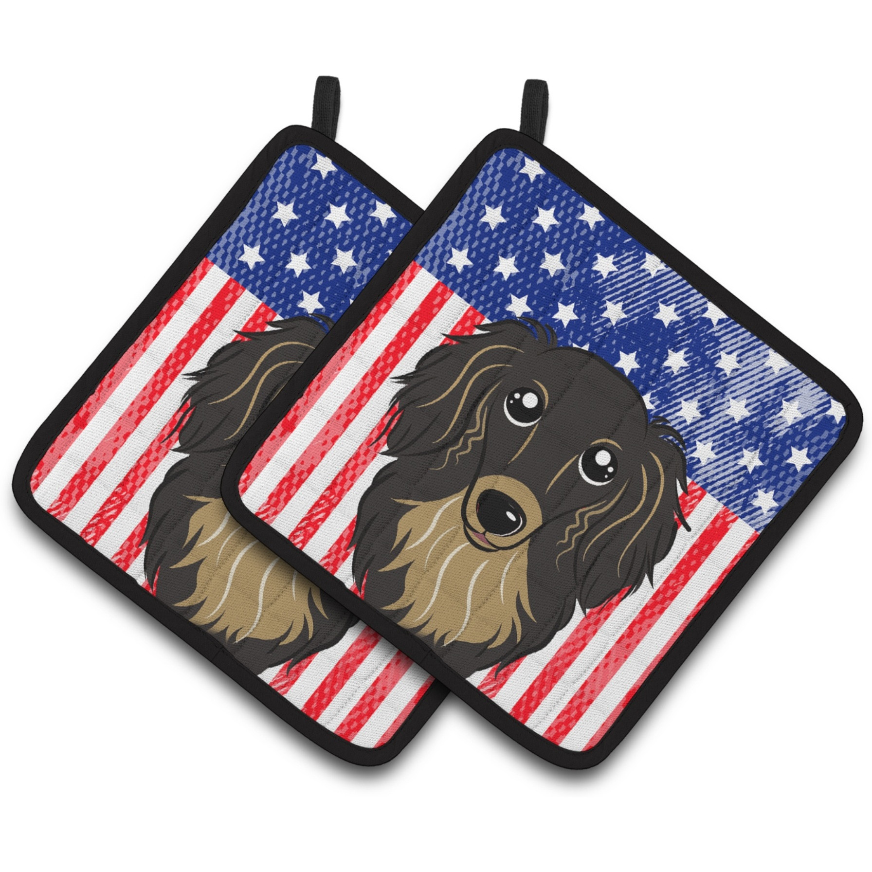 &quotCaroline's Treasures American Flag & Longhair black & Tan Dachshund Pair of Pot Holders BB2143PTHD, 7.5HX7.5W, Multicolor"