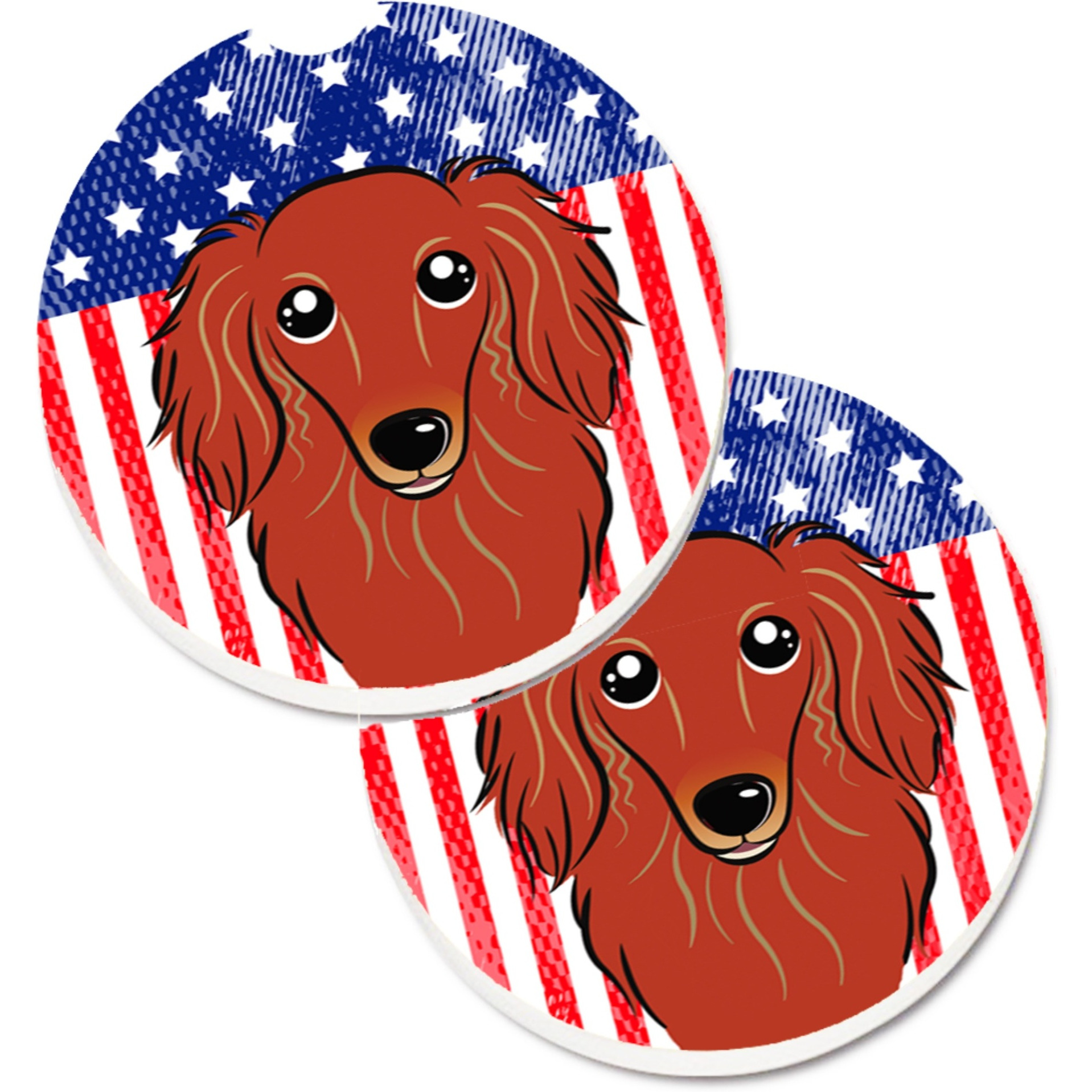 &quotCaroline's Treasures American Flag & Longhair Red Dachshund Set of 2 Cup Holder Car Coasters BB2144CARC, 2.56, Multicolor"