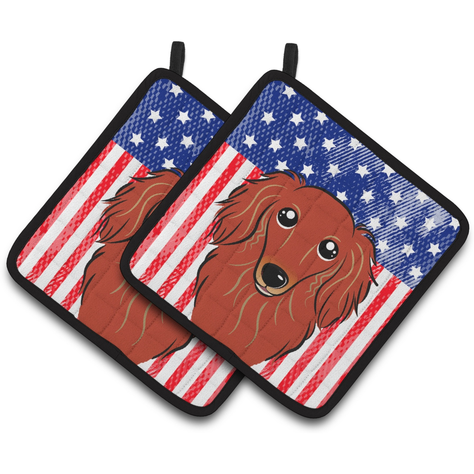 &quotCaroline's Treasures American Flag & Longhair Red Dachshund Pair of Pot Holders BB2144PTHD, 7.5HX7.5W, Multicolor"
