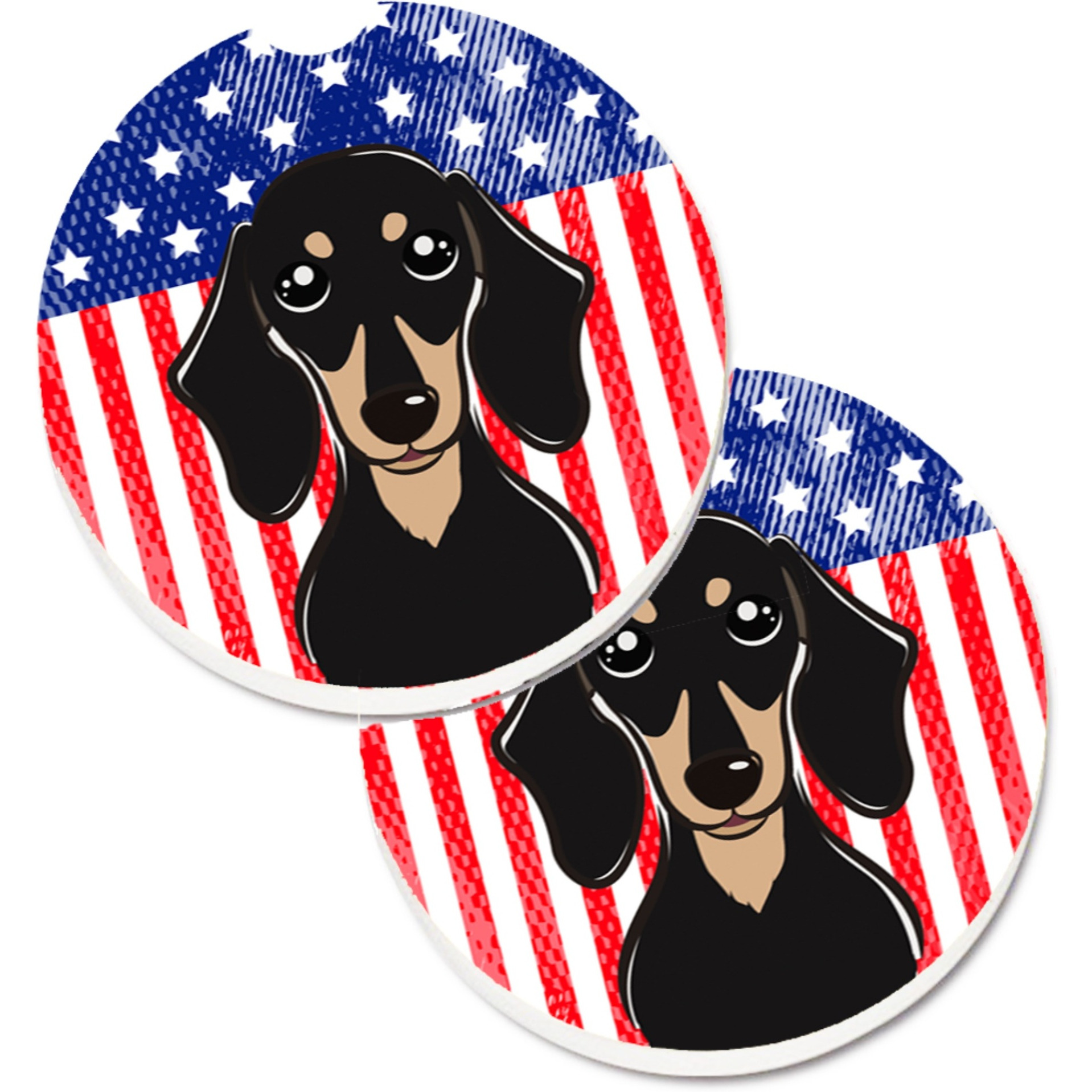 &quotCaroline's Treasures American Flag & Smooth black & Tan Dachshund Set of 2 Cup Holder Car Coasters BB2145CARC, 2.56, Multicolor"