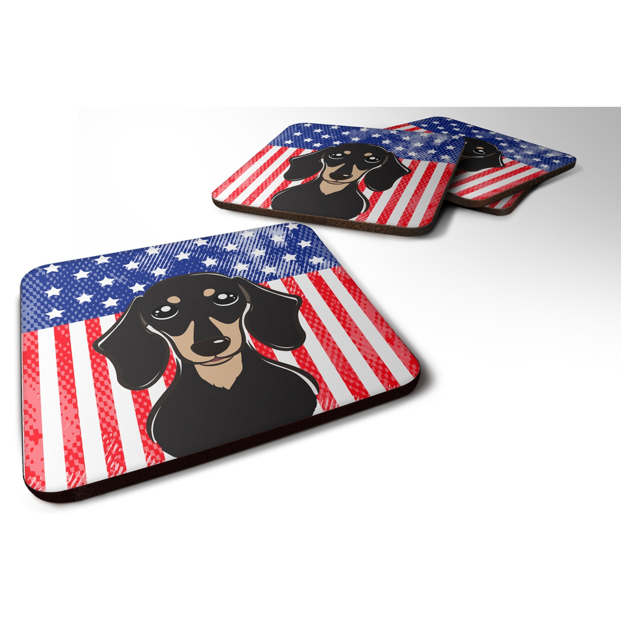 &quotCaroline's Treasures BB2145FC American Flag And Smooth Black And Tan Dachshund Foam Coaster (Set of 4), 3.5"", Multicolor"