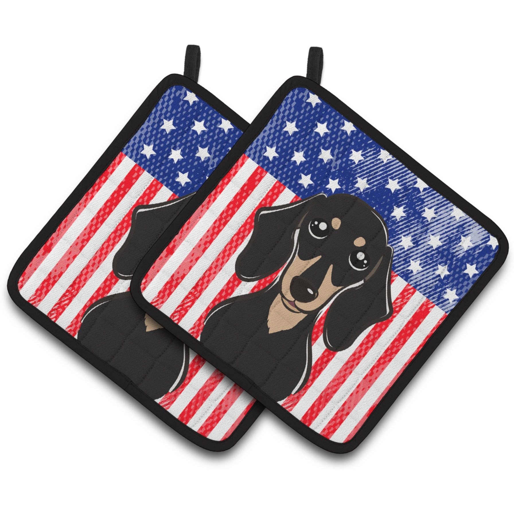 &quotCaroline's Treasures American Flag & Smooth black & Tan Dachshund Pair of Pot Holders BB2145PTHD, 7.5HX7.5W, Multicolor"