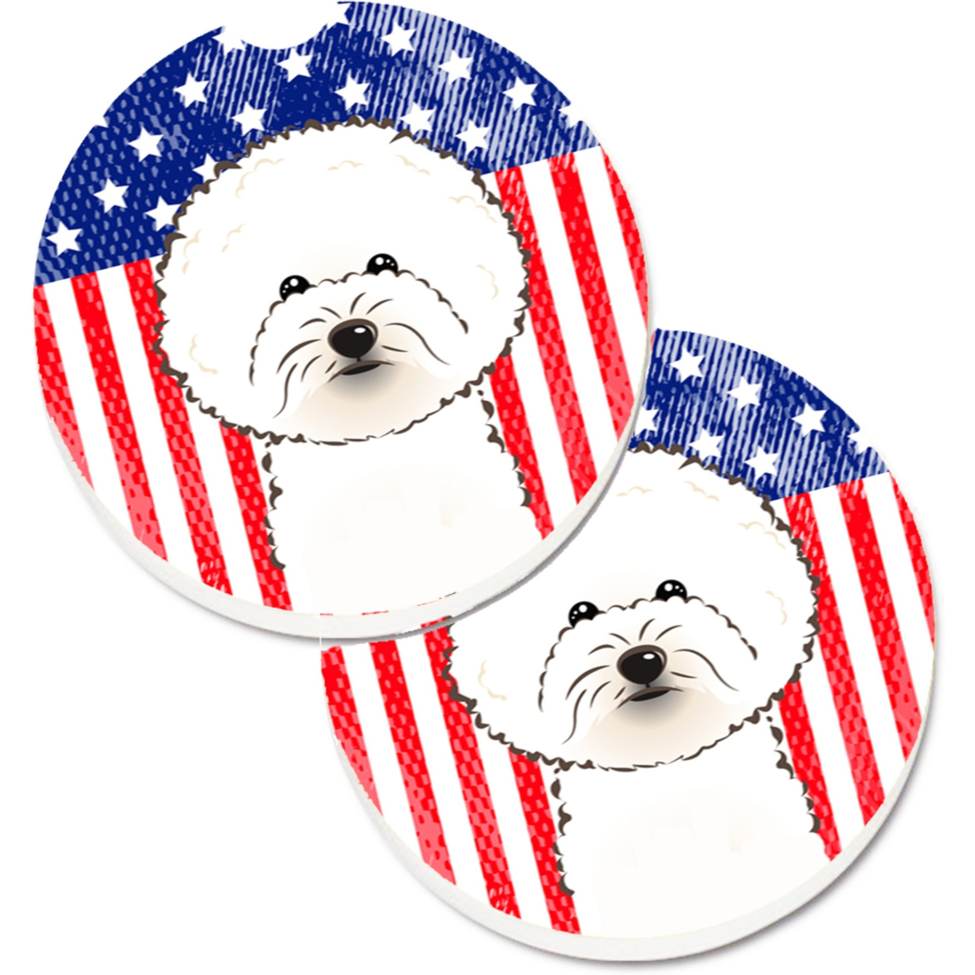&quotCaroline's Treasures American Flag & Bichon Frise Set of 2 Cup Holder Car Coasters BB2147CARC, 2.56, Multicolor"