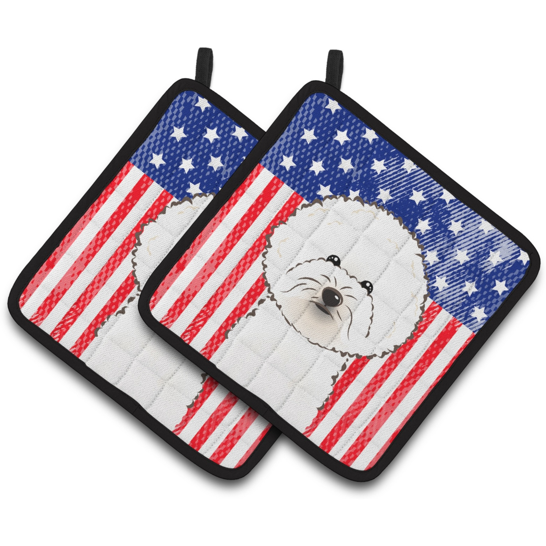 &quotCaroline's Treasures American Flag & Bichon Frise Pair of Pot Holders BB2147PTHD, 7.5HX7.5W, Multicolor"