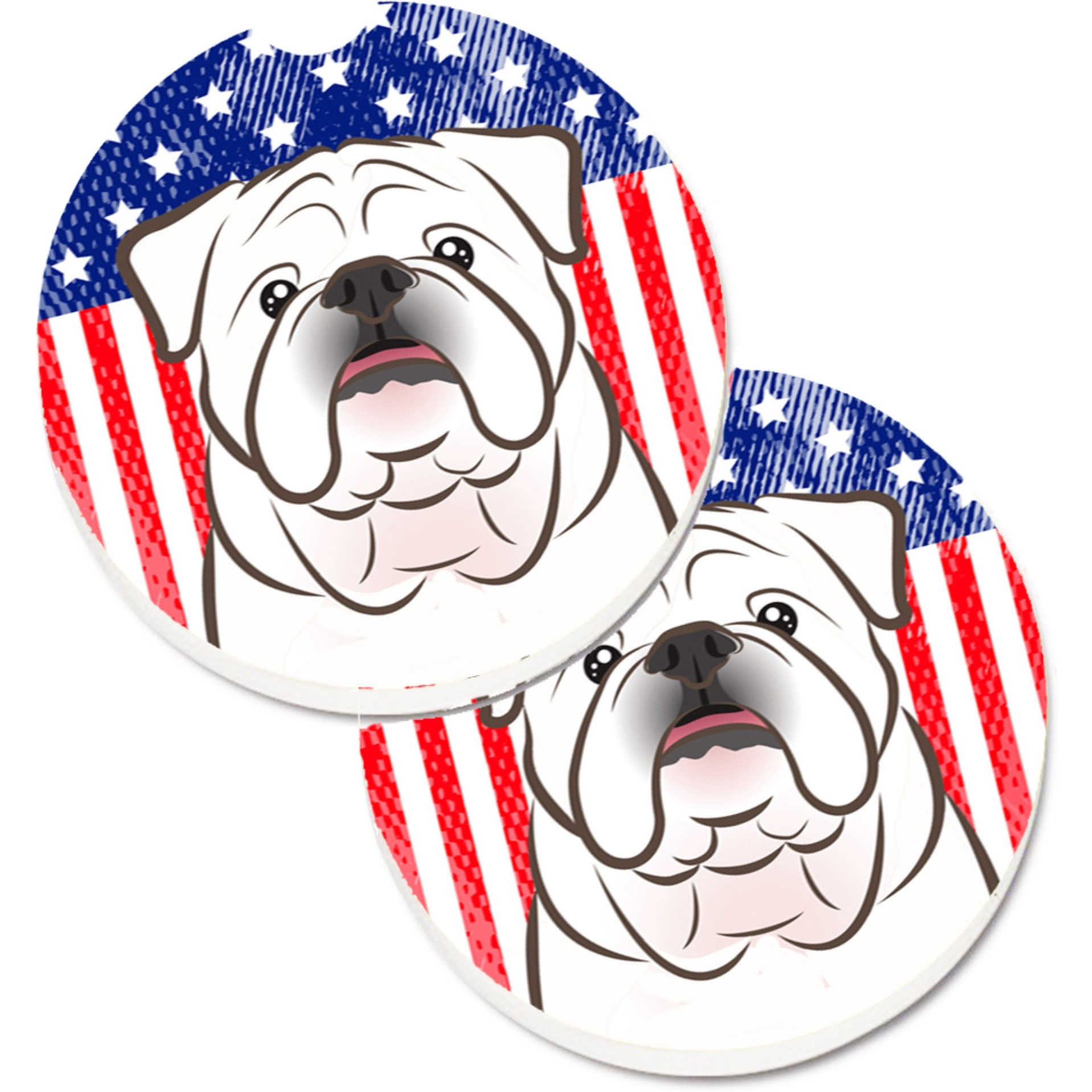 &quotCaroline's Treasures American Flag & White English Bulldog Set of 2 Cup Holder Car Coasters BB2150CARC, 2.56, Multicolor"
