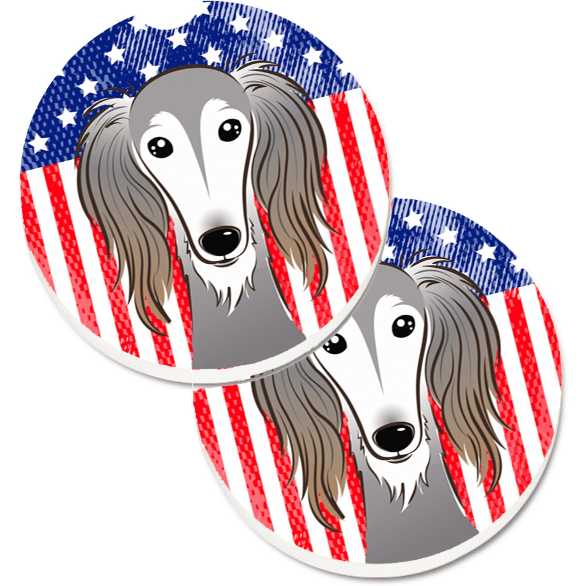 &quotCaroline's Treasures American Flag & Saluki Set of 2 Cup Holder Car Coasters BB2159CARC, 2.56, Multicolor"